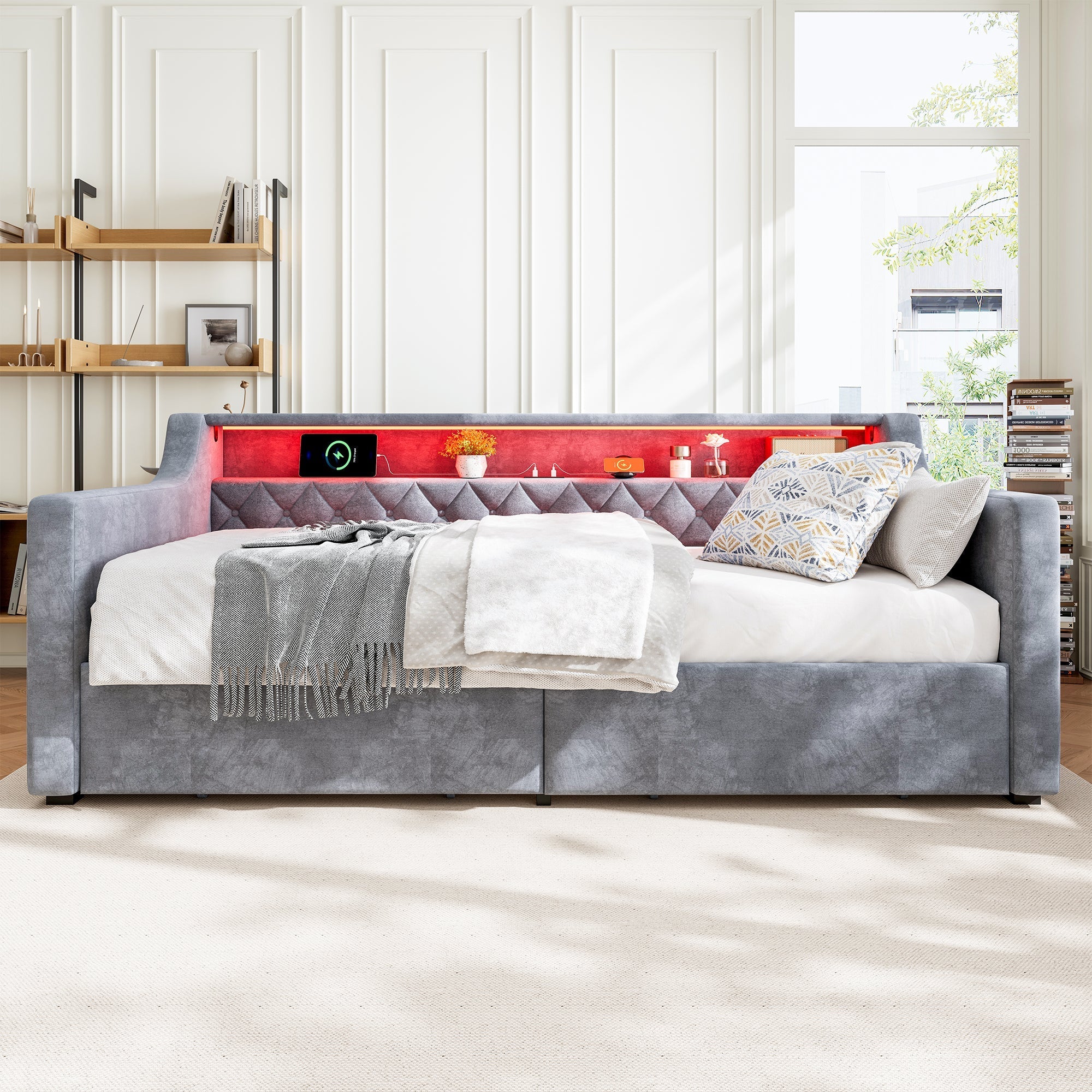 Upholstered Bed 3FT Single with Light Strip, Charging Port, 2 Drawers, Velvet Grey