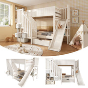 Children's Bunk Bed with Slide, Ladder Wardrobe, Drawers and Shelf, 90x200cm, White
