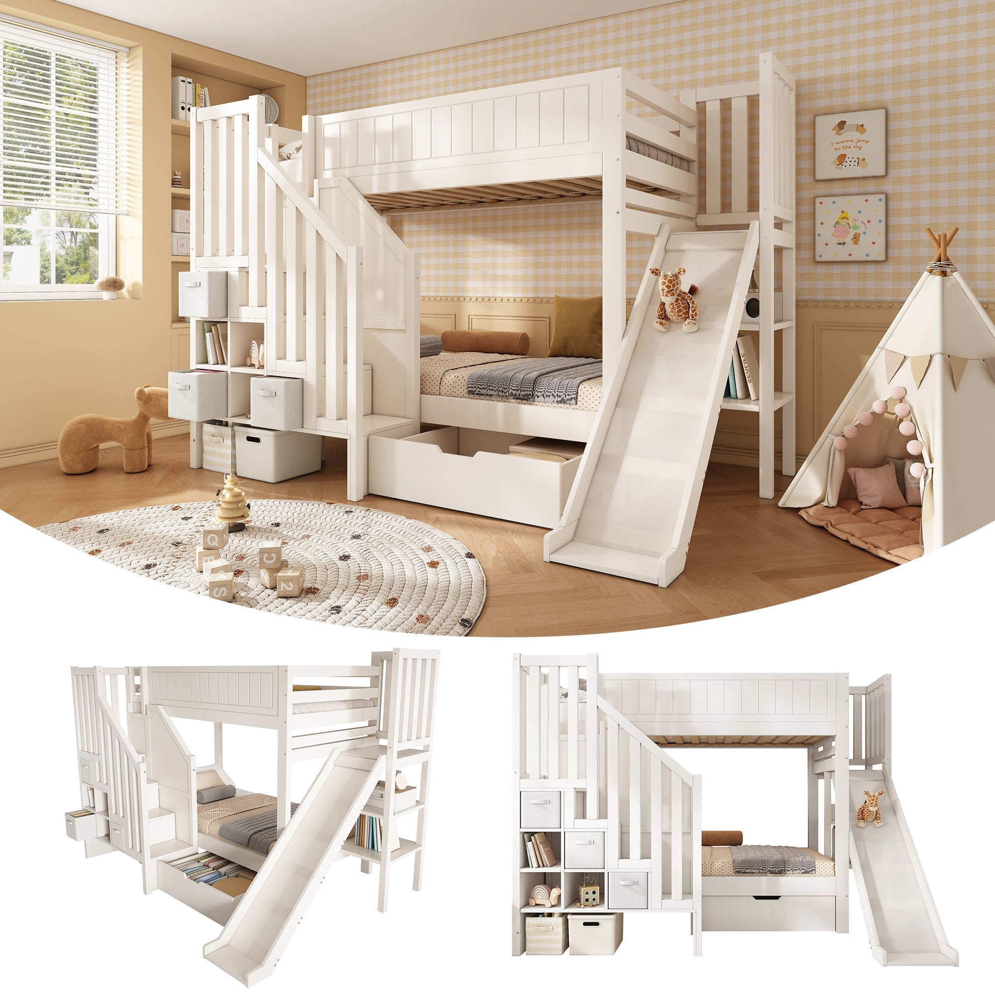Children's Bunk Bed with Slide, Ladder Wardrobe, Drawers and Shelf, 90x200cm, White
