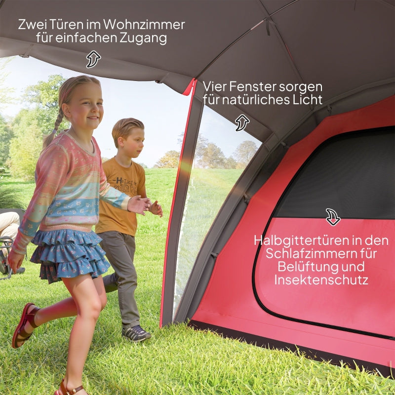 Tunnel Tent Camping Tent for 4-6 people, 3 rooms, double doors, water-repellent, Grey