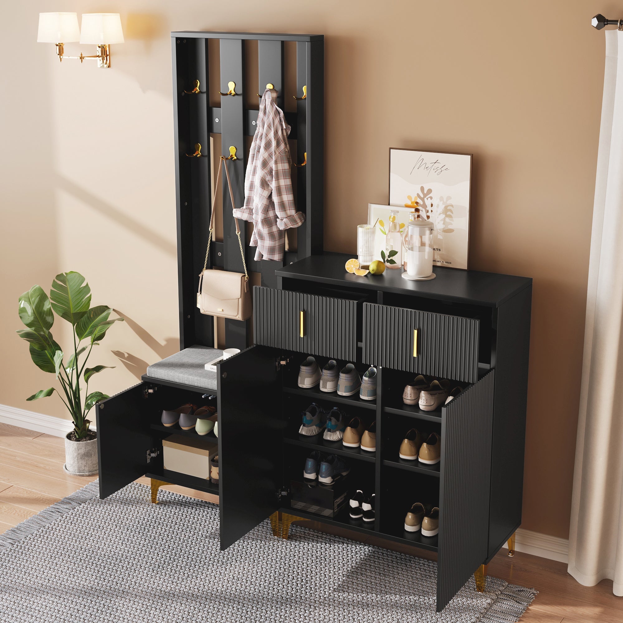 Wardrobe Set, Shoe Bench, Hooks, Drawers & Doors, Black Particleboard