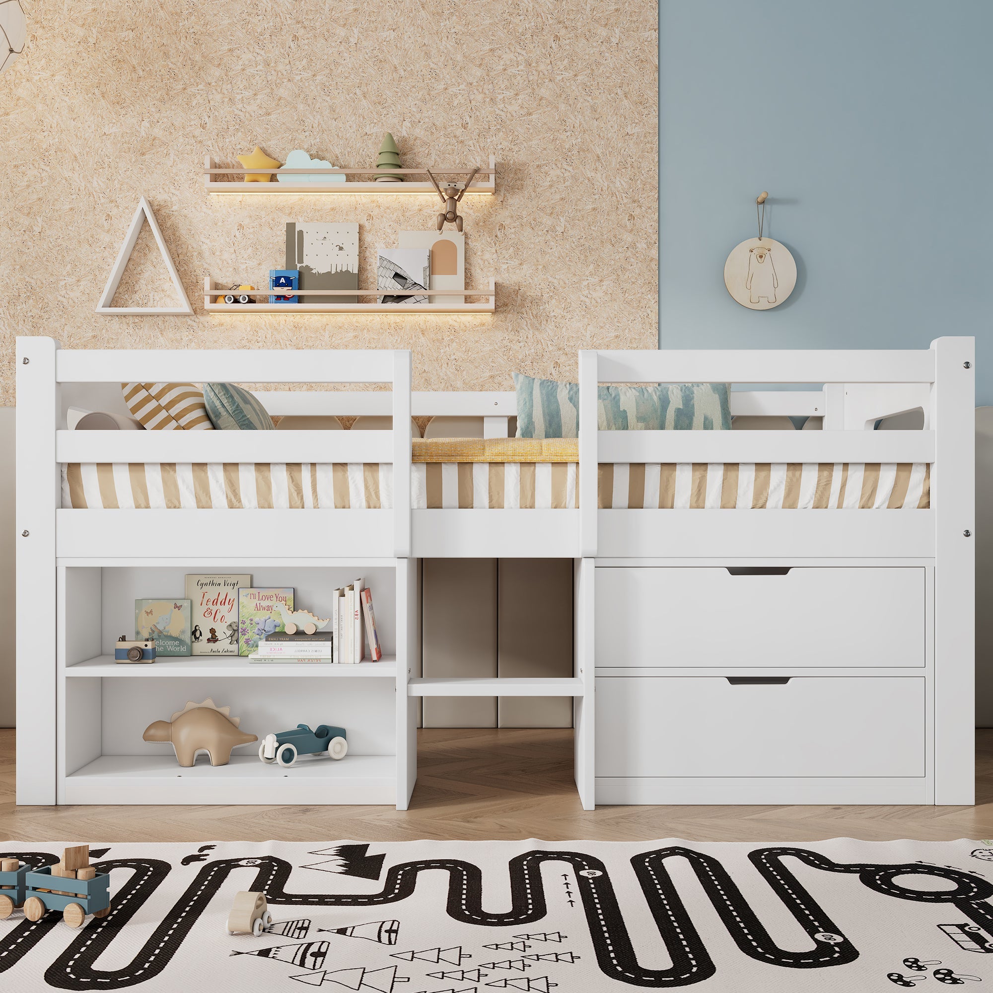 Wooden Storage Bed, 3ft Single with Drawers and Safety Guardrail, White