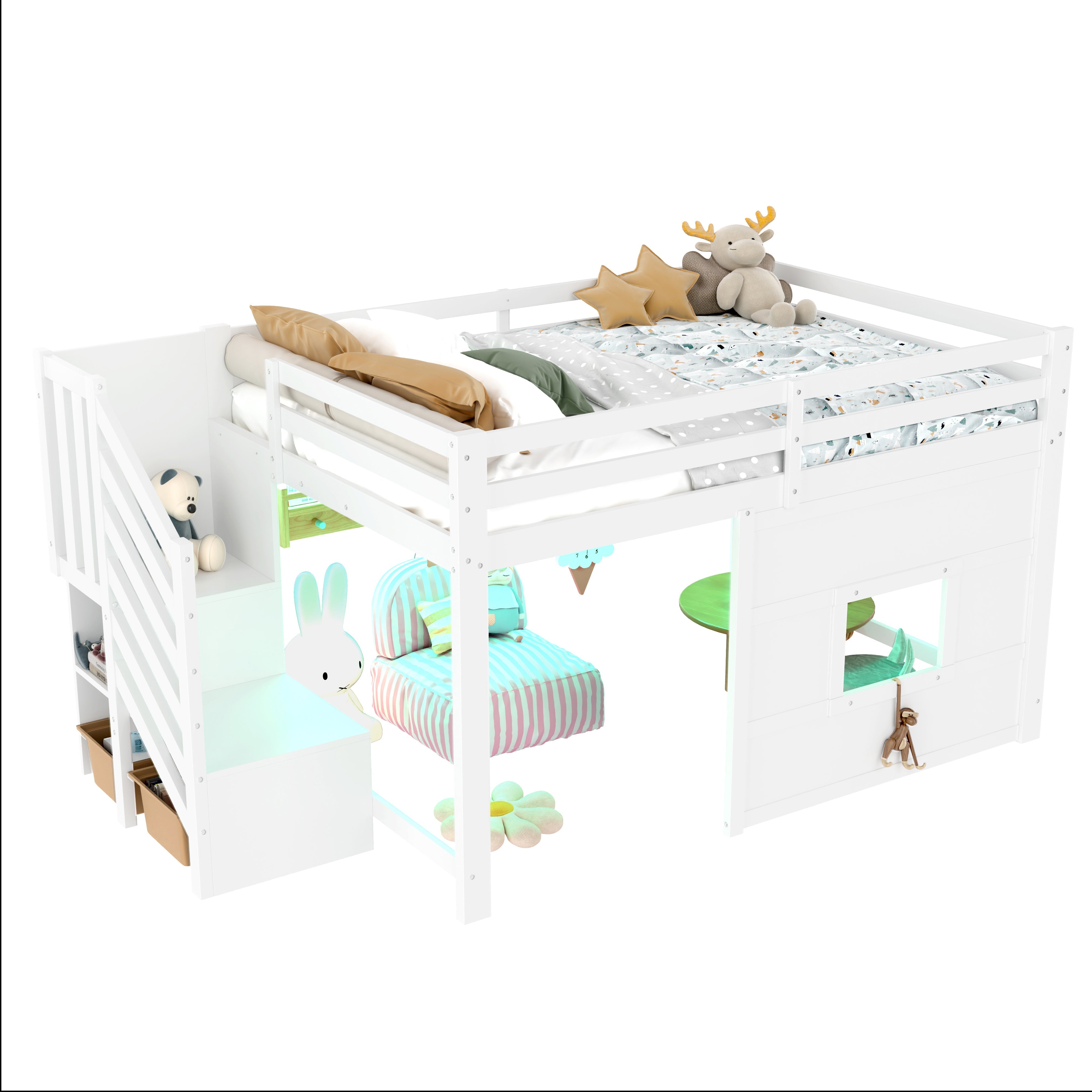 Loft Bed 140x200 with Storage Stairs and Window, White