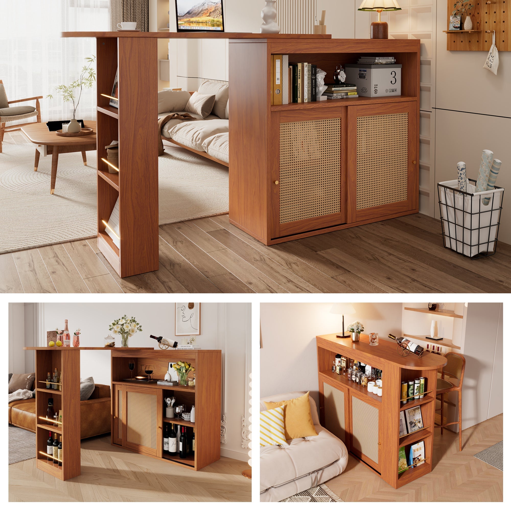 Extendable Bar Table, Adjustable Shelves Rattan Weave