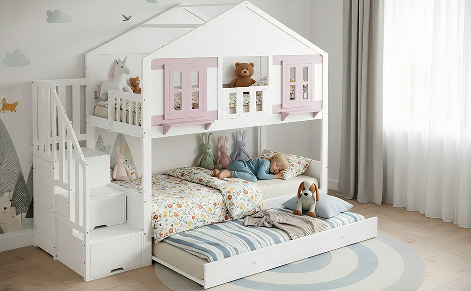 Bunk Bed 90x200cm Trundle Clothes Hanging House Design - White/Pink