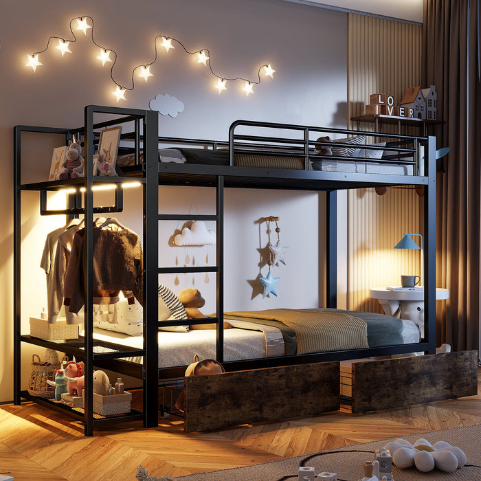 Bunk Bed with 2 Drawers, Shelves, LED and Clothes Rail, 90x200cm, Black Iron Frame