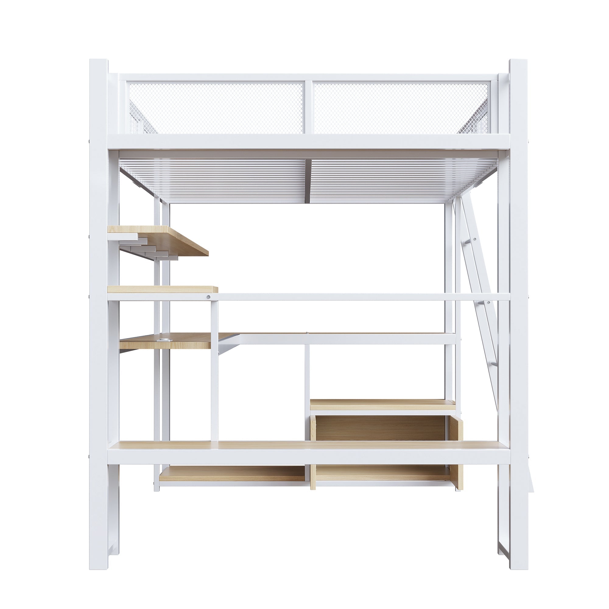 Metal Gaming Loft Bed with Integrated Workspace and LED Lighting, White
