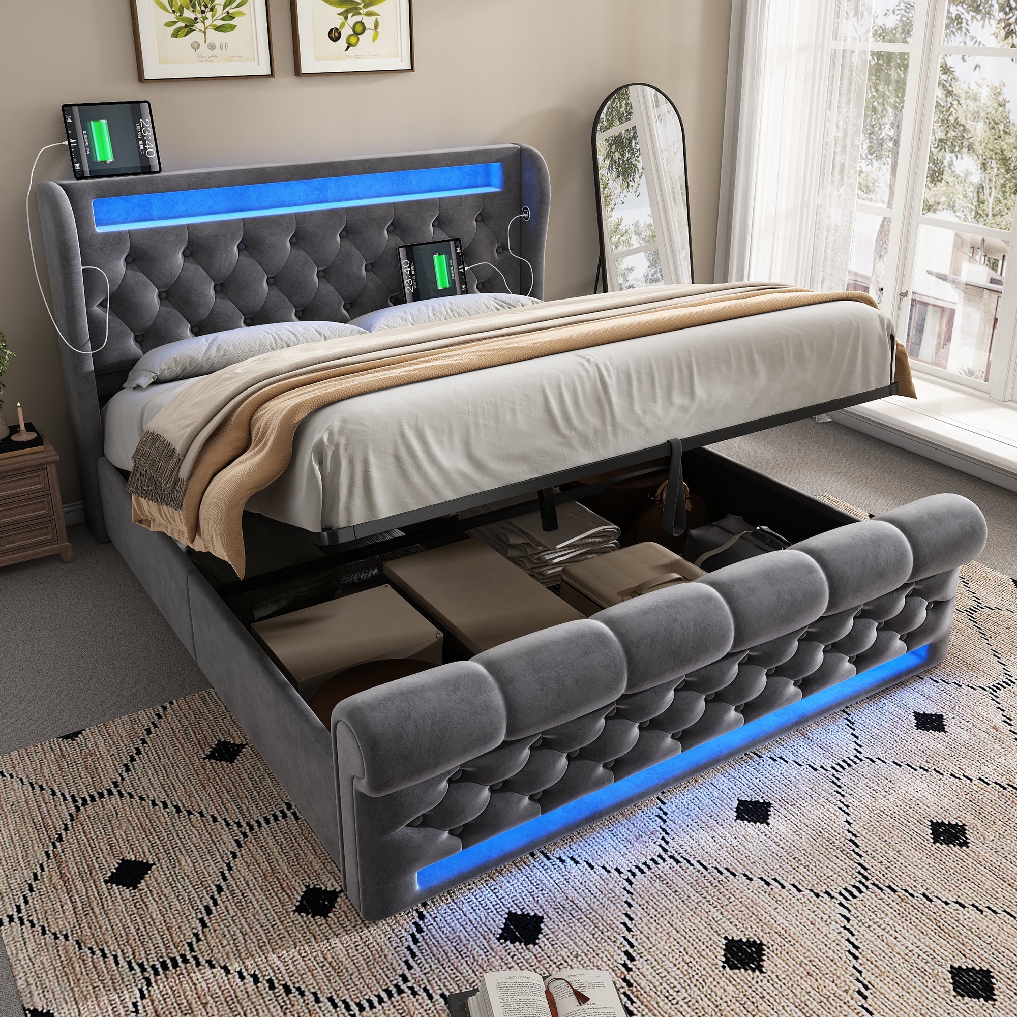 Modern Upholstered Double Bed with LED, Storage Headboard and USB, 140x190cm, Grey Velvet