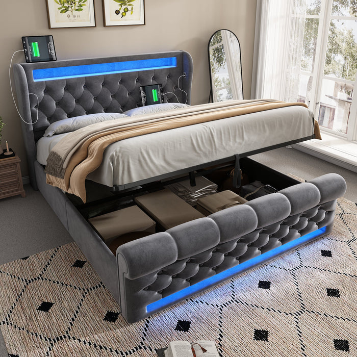Modern Upholstered Double Bed with LED, Storage Headboard and USB, 140x190cm, Grey Velvet
