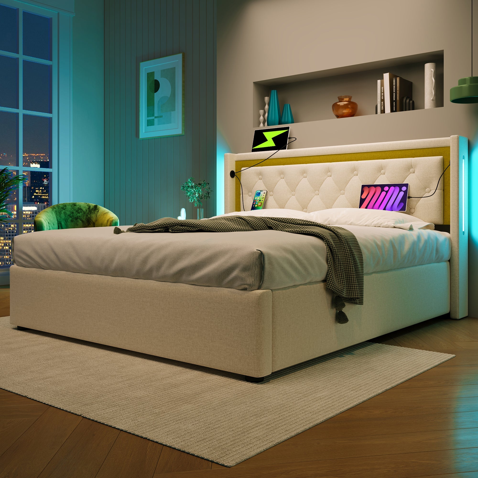Upholstered Bed LED Double Bed with Storage, USB, Type C, 160x200 Cotton