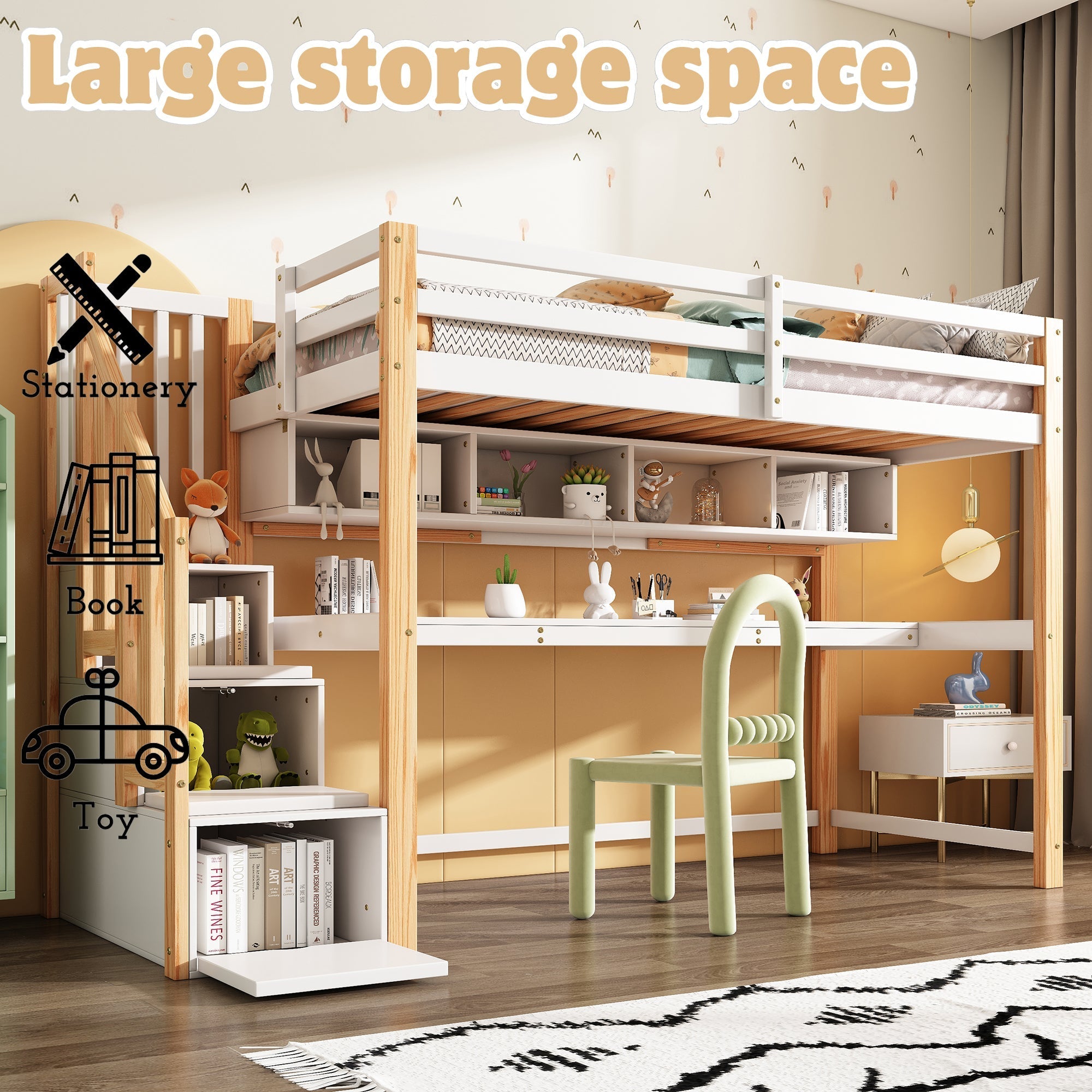 Wood House Bunk Bed, Children's Loft Bed with Storage Stairs, Desk, Shelves, Pine Wood, White + Natural