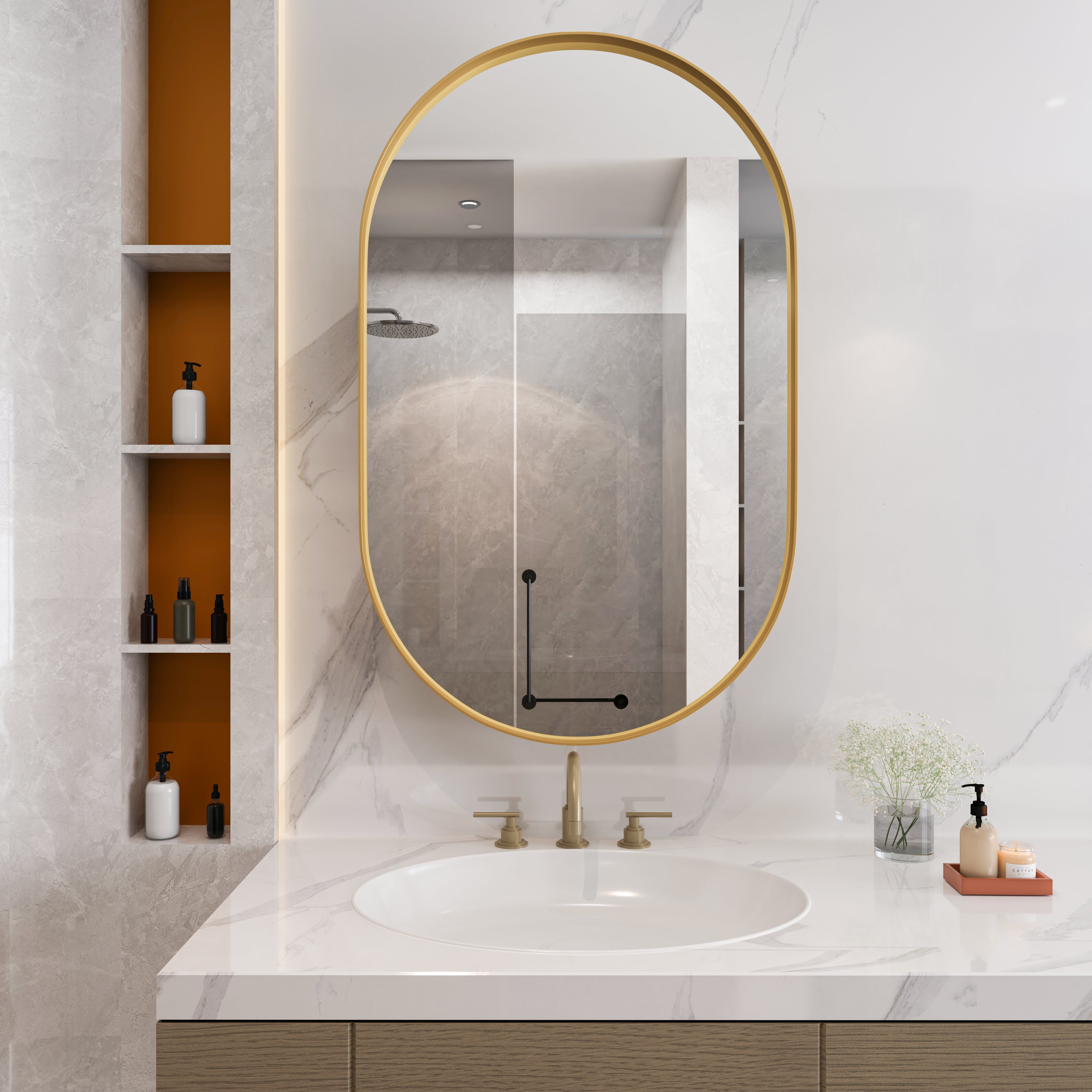 Oval Mirror Cabinet, Recessed Medicine Wall Storage Adjustable Shelves, Gold Metal Framed