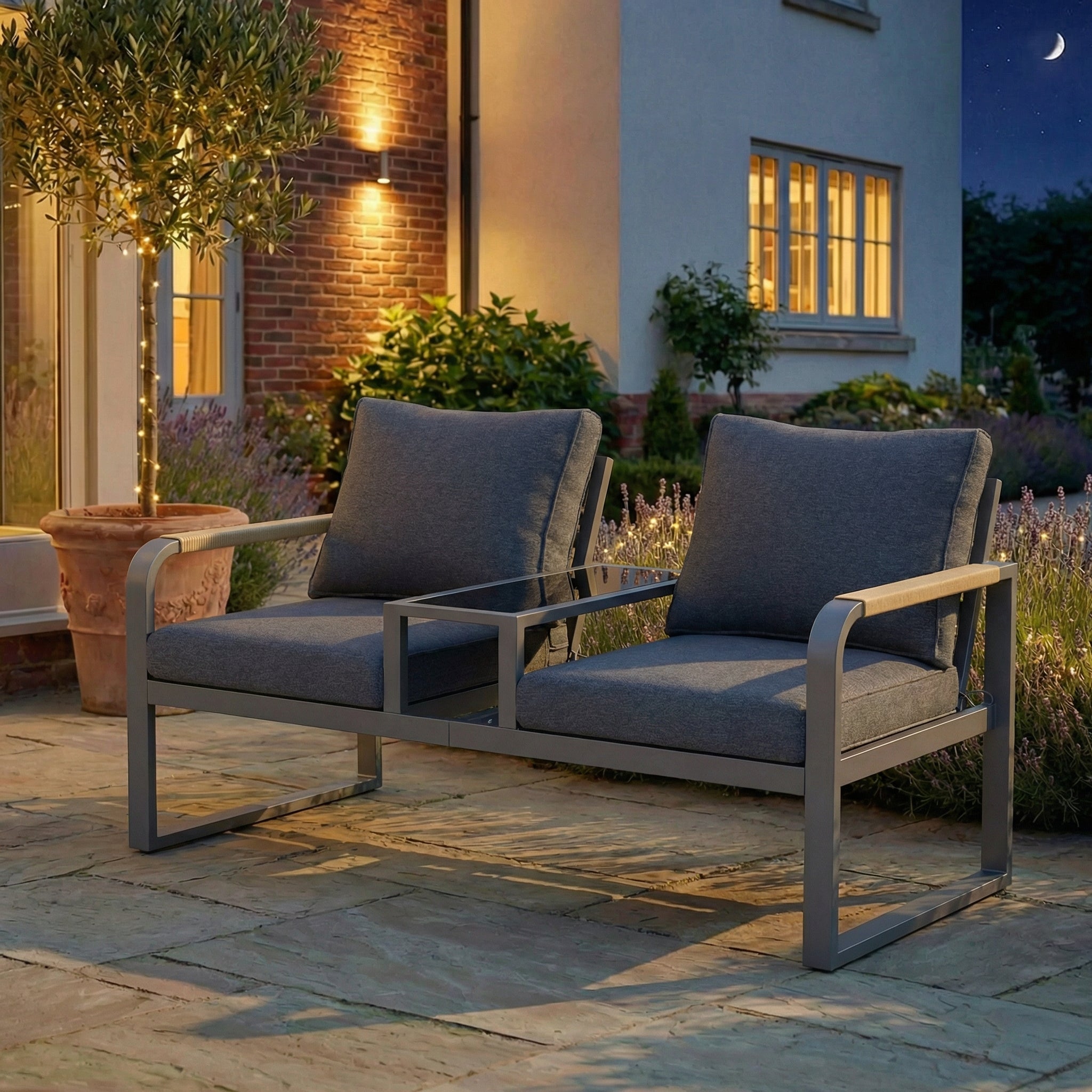 Garden Furniture Set, 2-Seater Outdoor Sofa with Glass Top and Woven Armrests, Grey Galvanized Iron