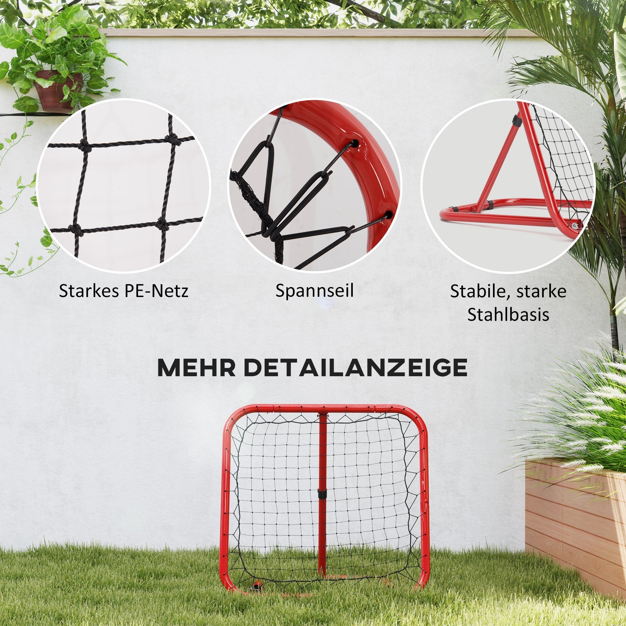 rebounder for soccer, foldable 63 x 63 cm adjustable goal kicker, metal red