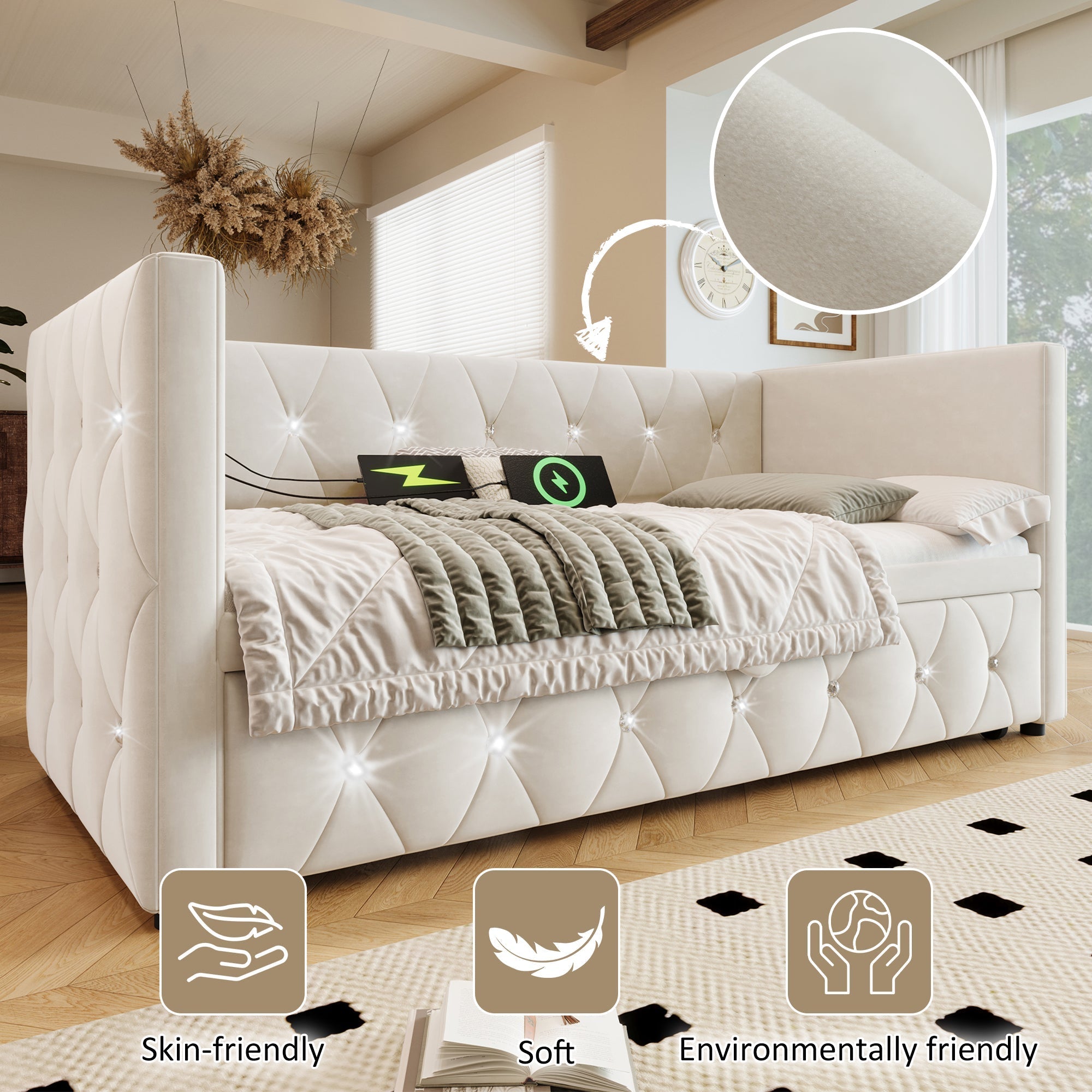 Daybed Sofa Bed with USB & Type C Charging Station, 3FT Single with Pull-out Trundle, Velvet Beige