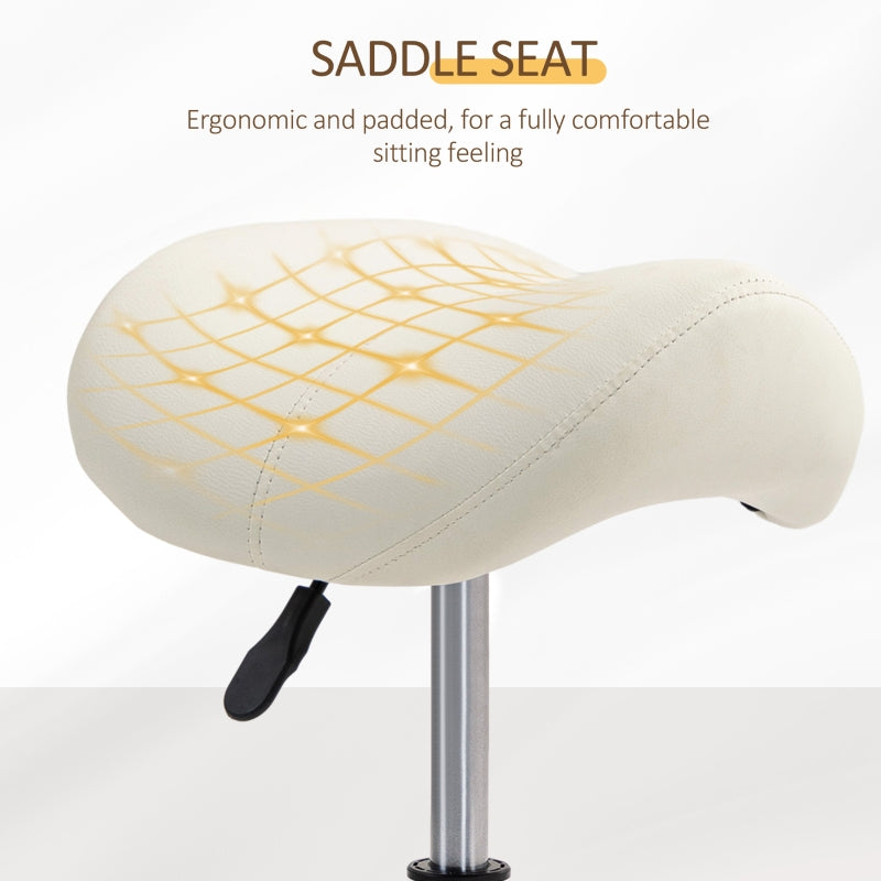 Saddle Stool Adjustable Rolling Salon Chair Steel Frame, PU Leather White