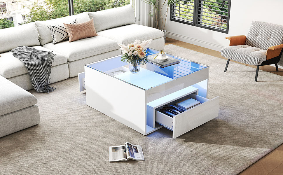 Coffee Table 70x70x35cm High-Gloss LED 2 Drawers Tempered Glass White