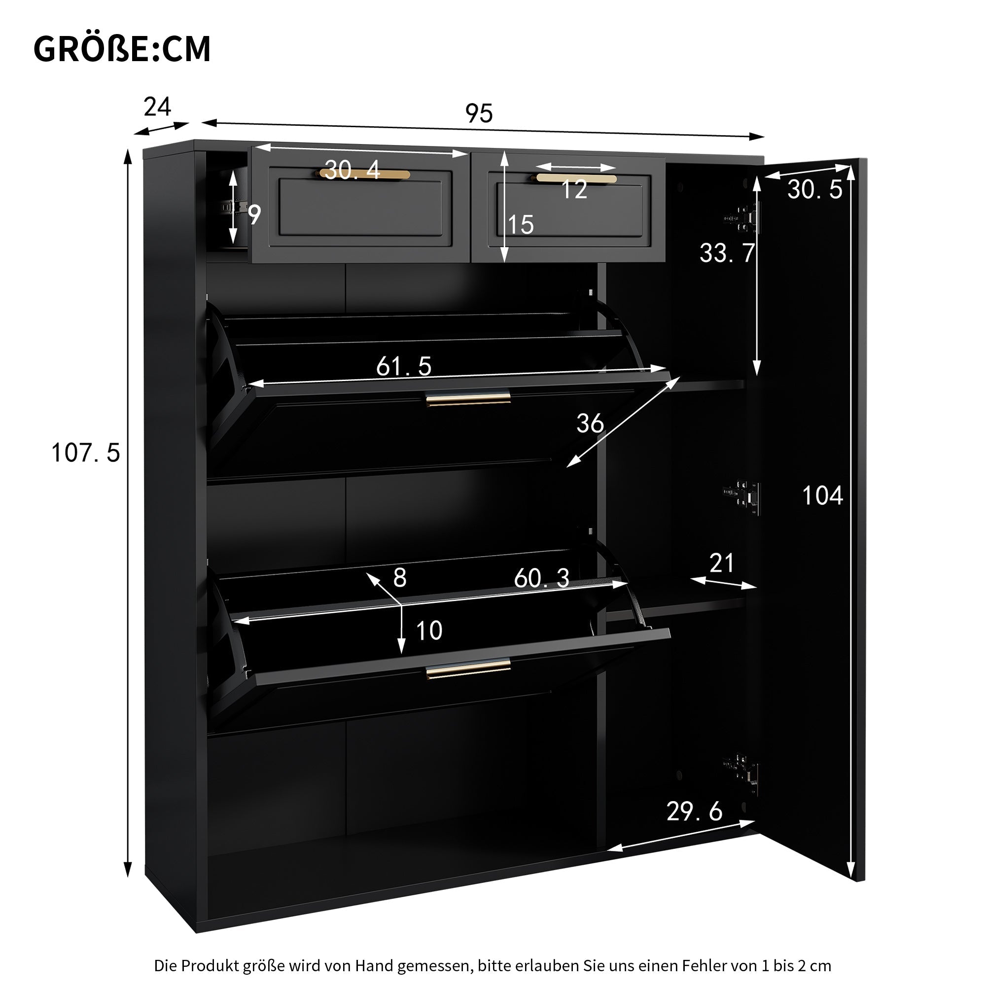 Modern Shoe Cabinet with Adjustable Shelves, Gold Handles, Drawers, Folding Doors, Black