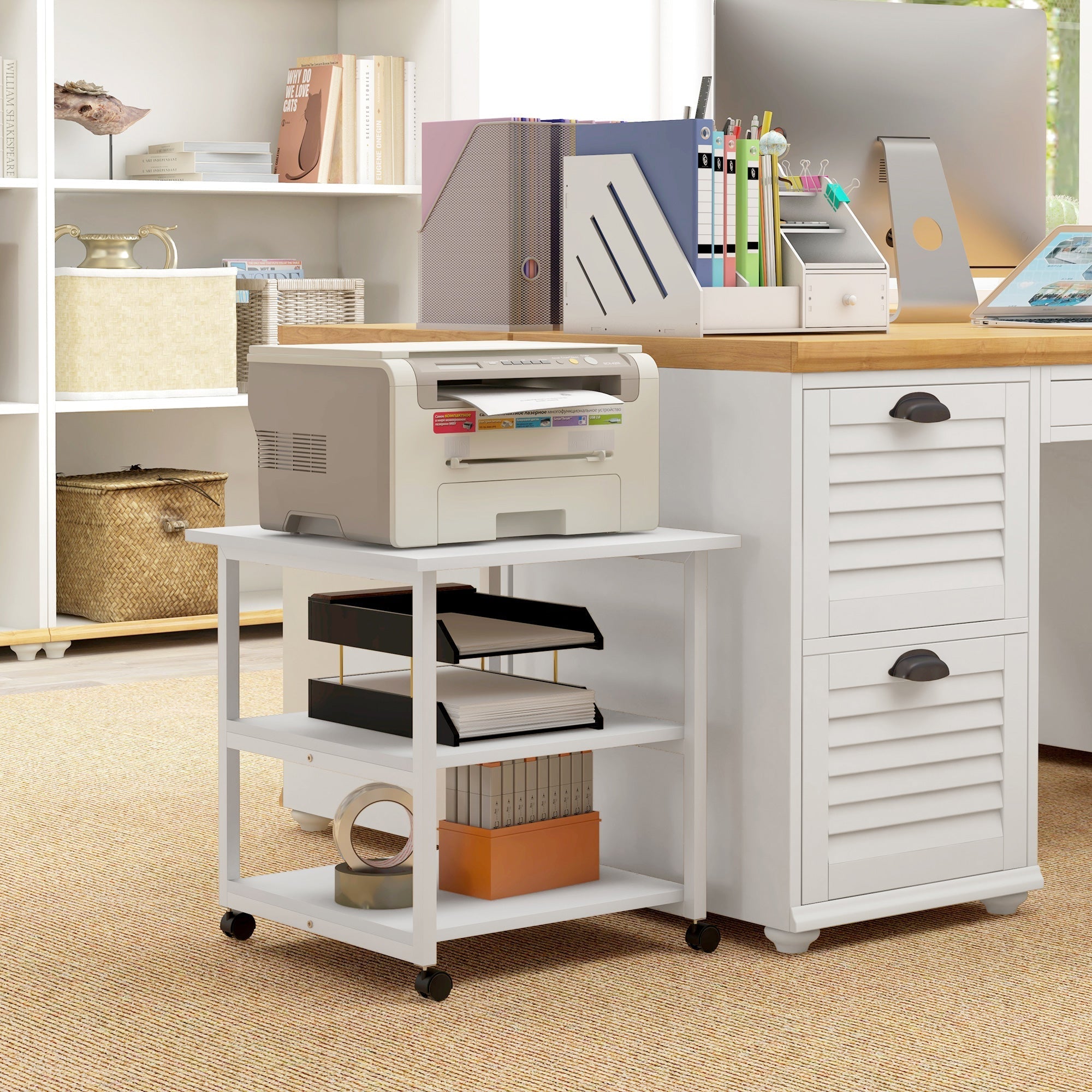 Three-Tier Printer Stand with Wheels, Steel - White