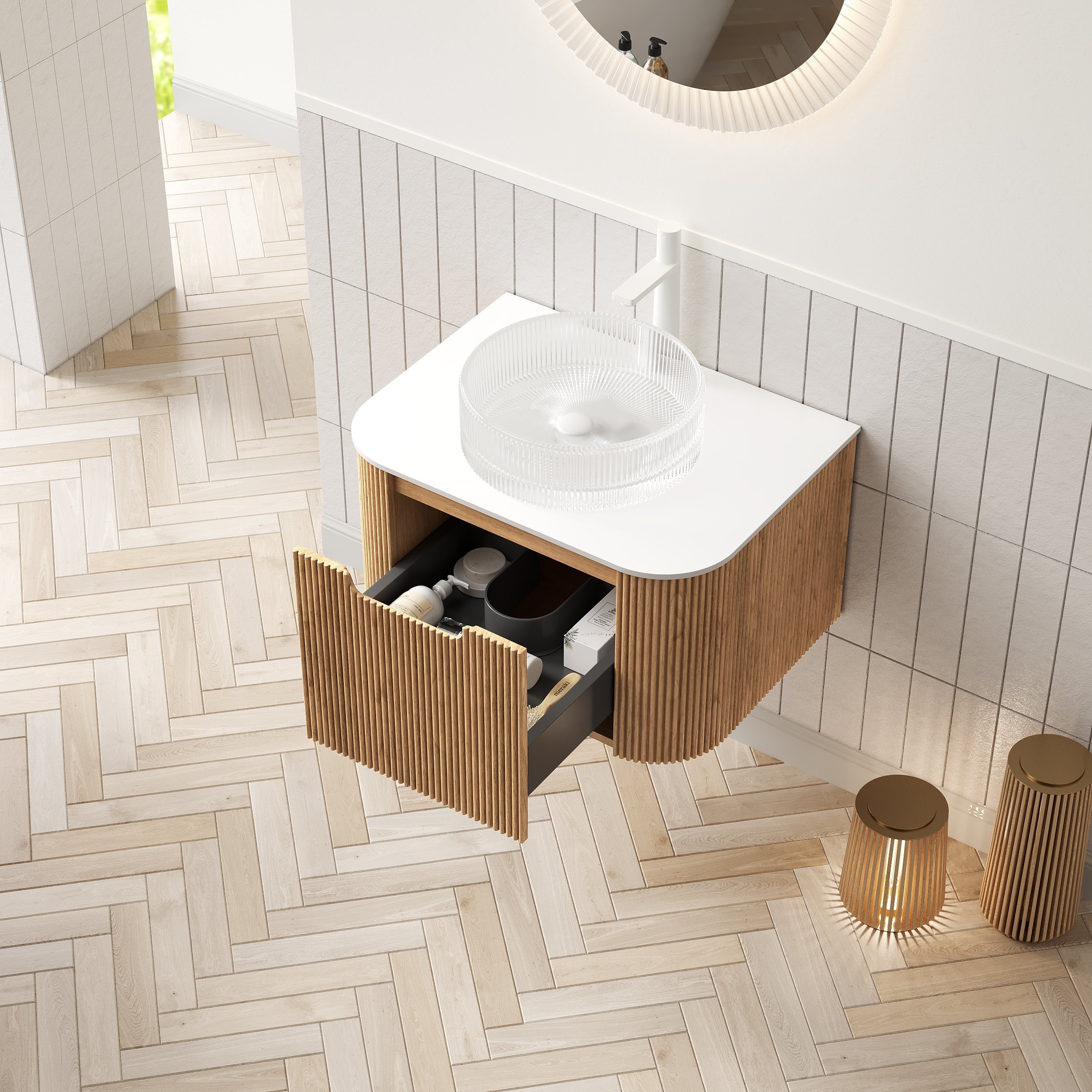DINA 61cm Wall-Mounted Bathroom Vanity Unit with Glass Basin & Drawer, Natural Wood