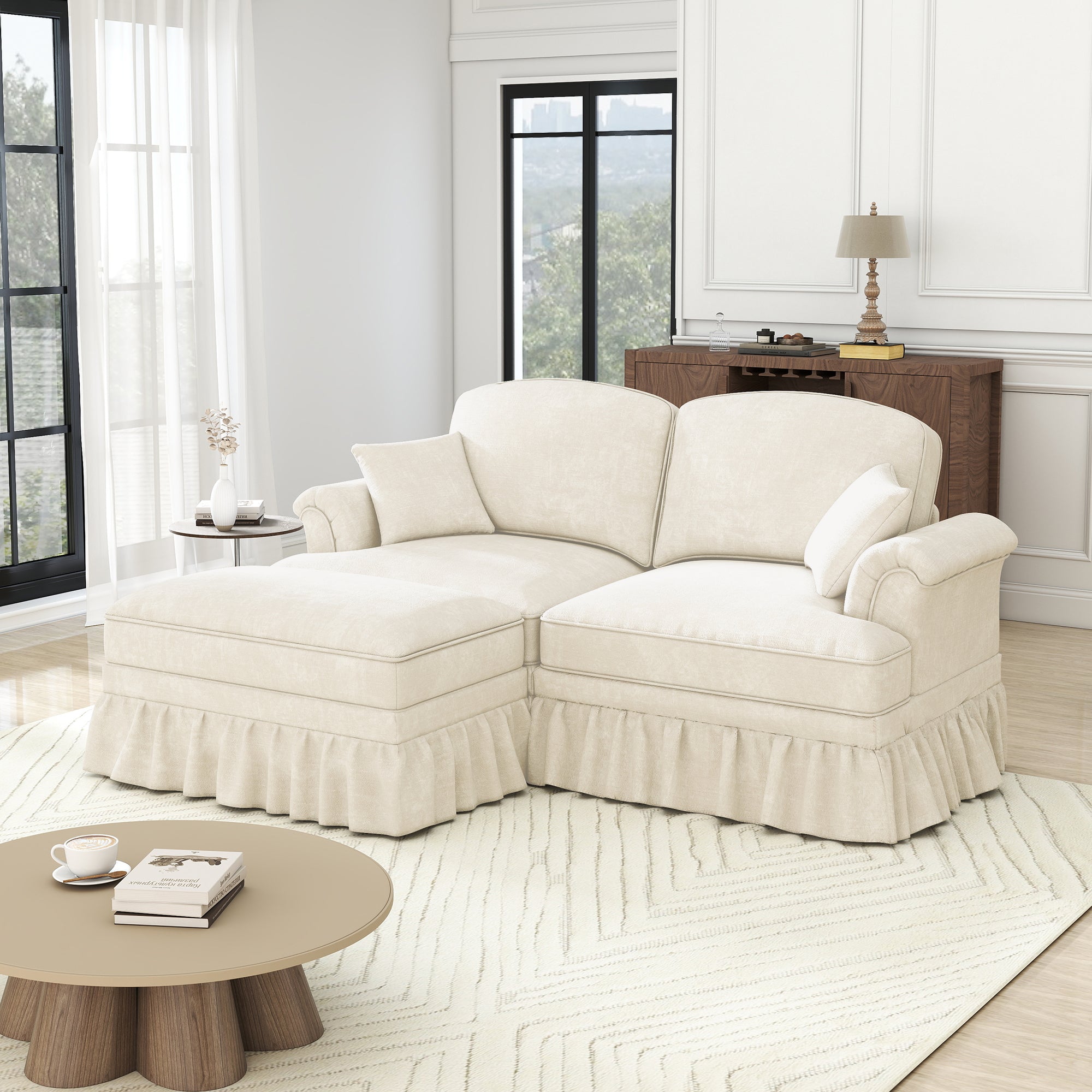 Modular L-Shaped Sofa 2-Seater Mid-Century Ottoman - White Chenille