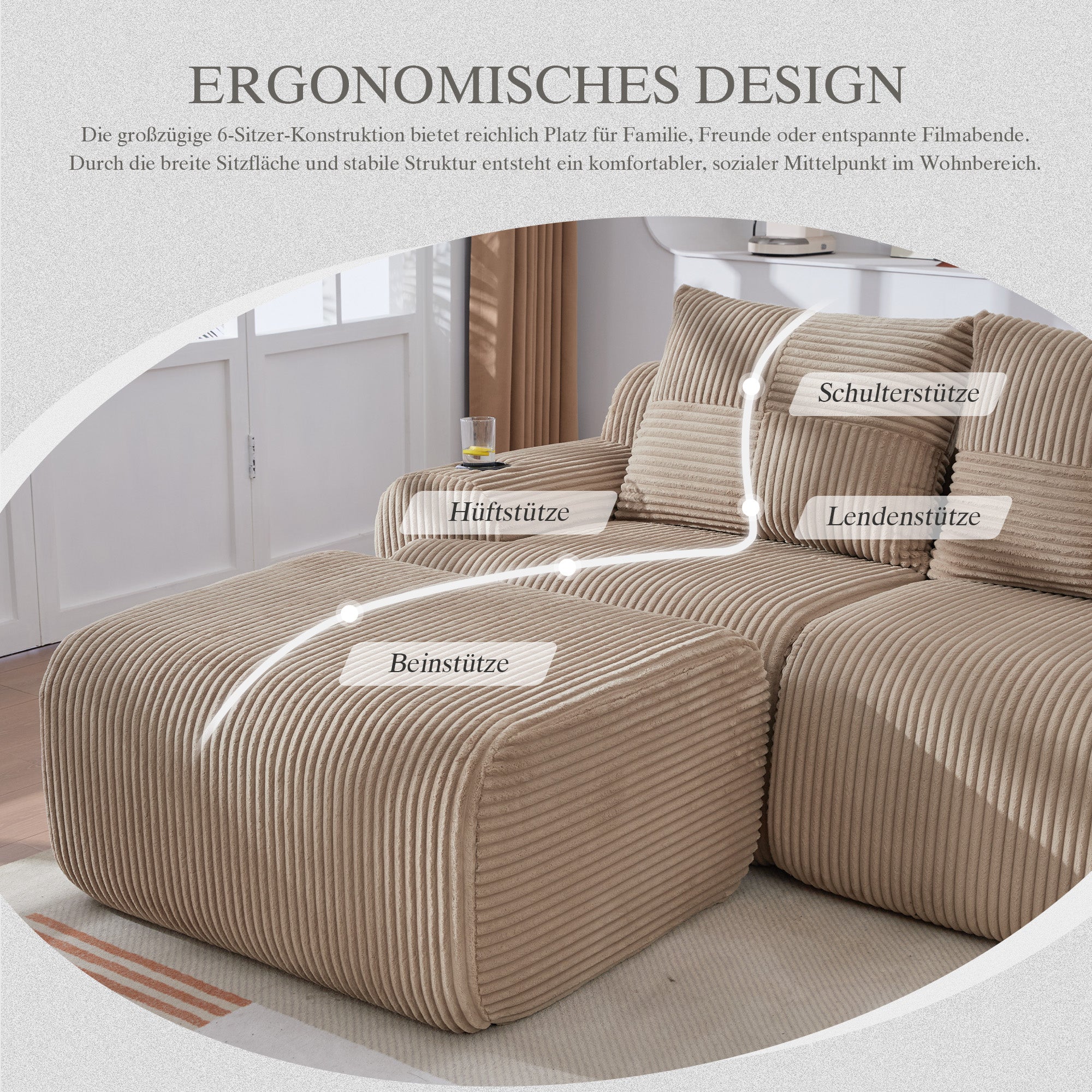 3-Seater Modular Sofa with Ottomans and Cup Holders, Khaki Corduroy
