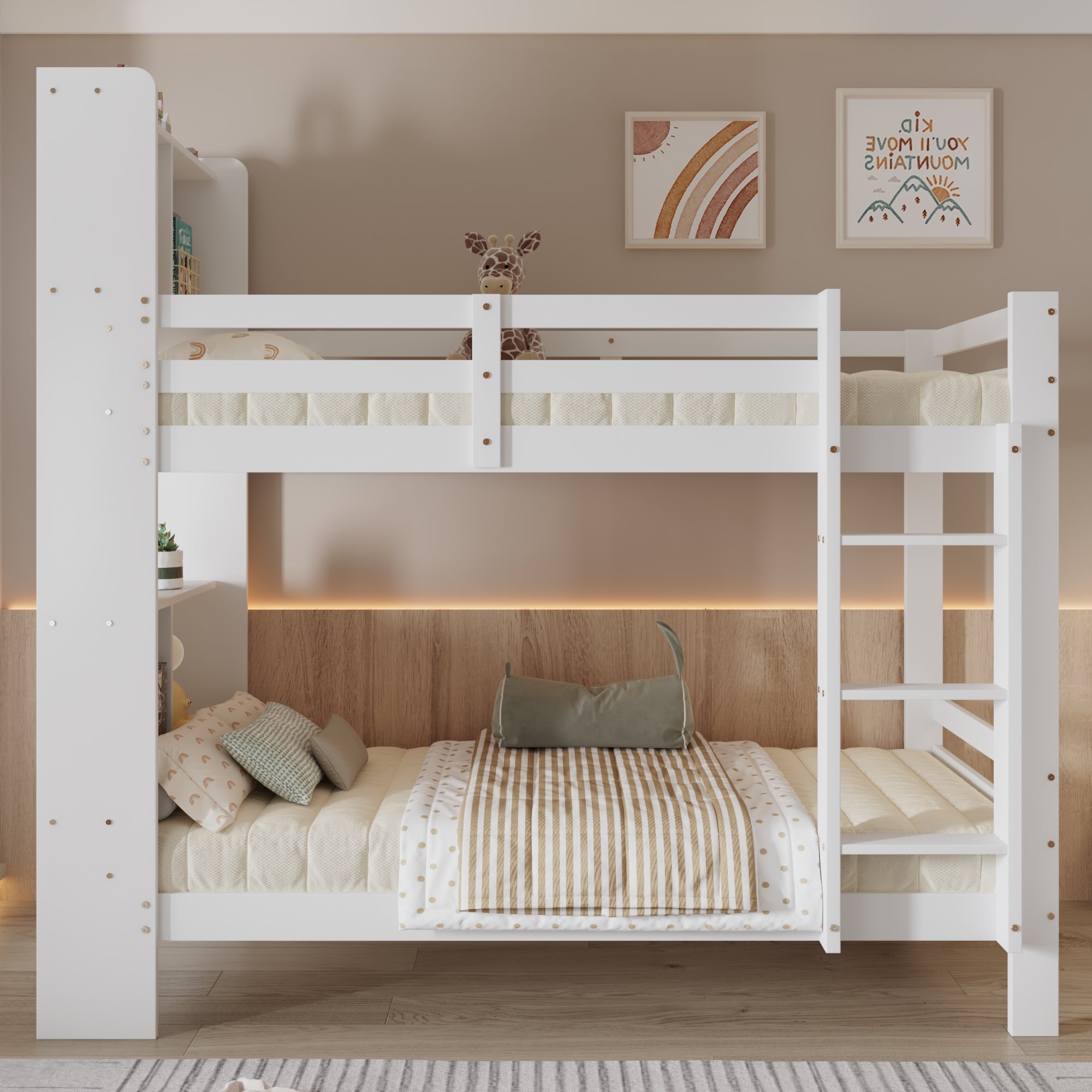 Bunk Bed with Shelves, Ladder & Storage, Solid Wood, White