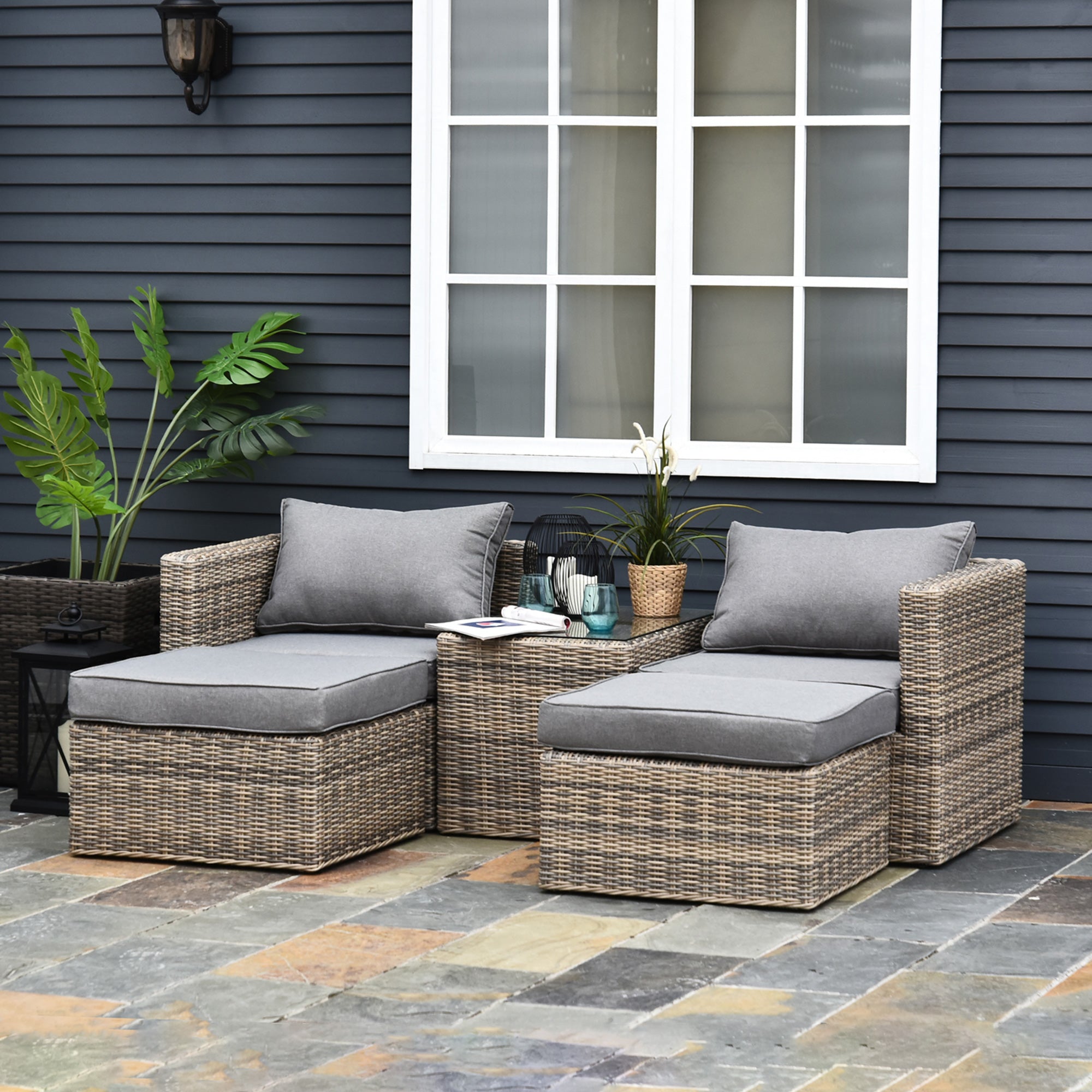 5 Piece Rattan Garden Furniture Set with Cushions, Aluminium Frame Glass Top Table, Mixed Brown