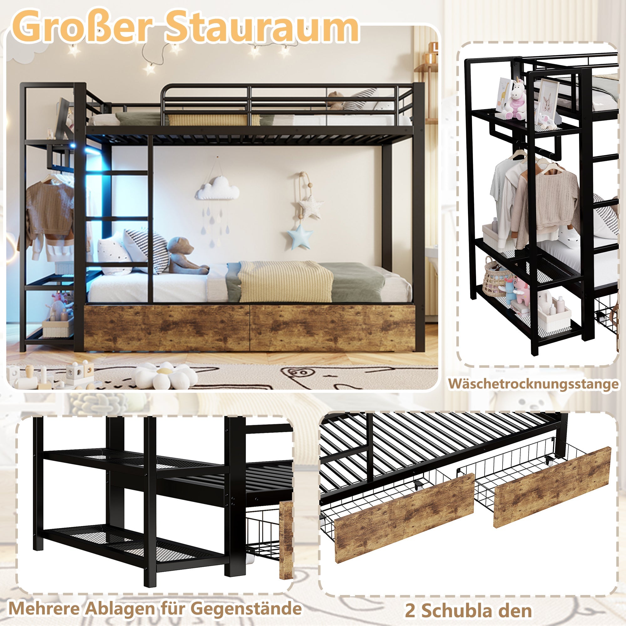 Bunk Bed with 2 Drawers, Shelves, LED and Clothes Rail, 90x200cm, Black Iron Frame