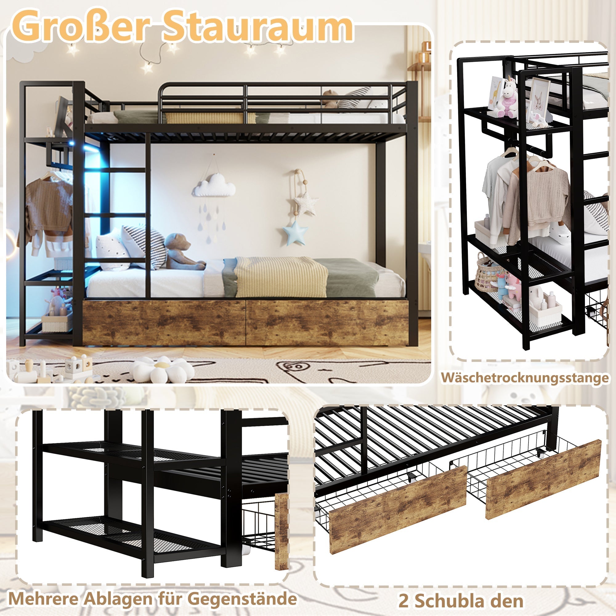Bunk Bed with 2 Drawers, Shelves, LED and Clothes Rail, 90x200cm, Black Iron Frame