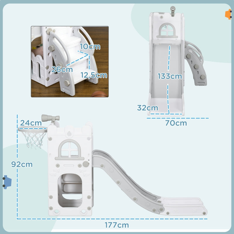 Children's Slide, 5 in 1 Toddler Slide with Basketball Hoop and Climbing Frame, Grey