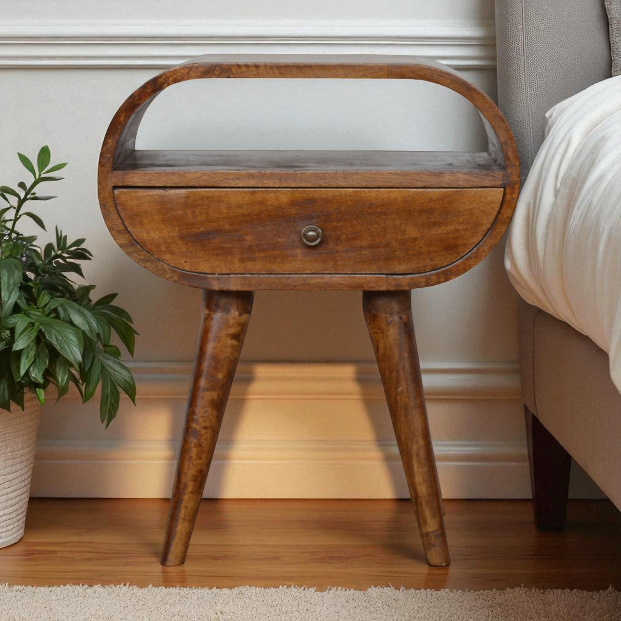 Solid Wood Nightstand, 1 Drawer 1 Open Slot, Chestnut Brown