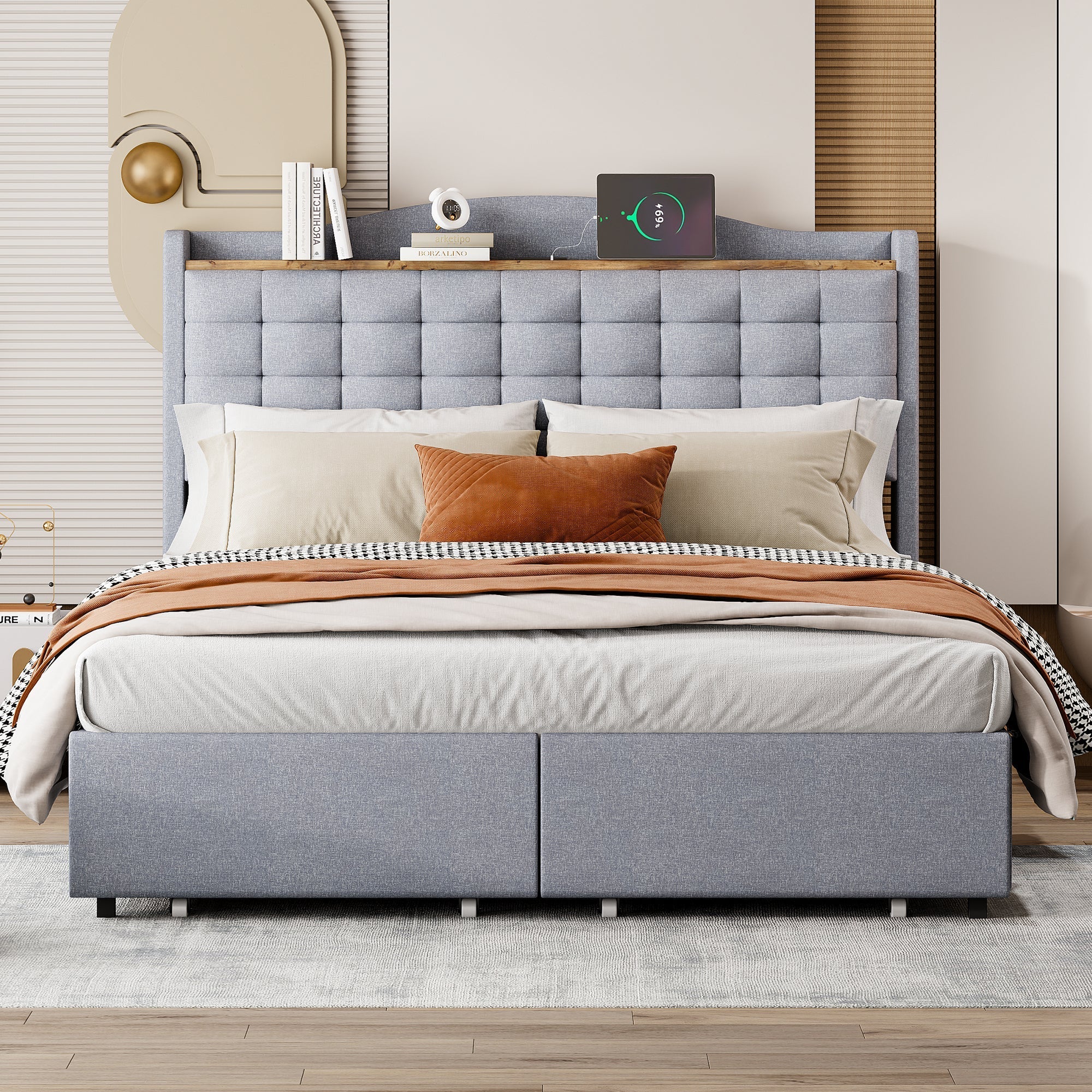 Upholstered Bed 140x200cm with USB & Storage, 4-Drawer, Linen Fabric Gray