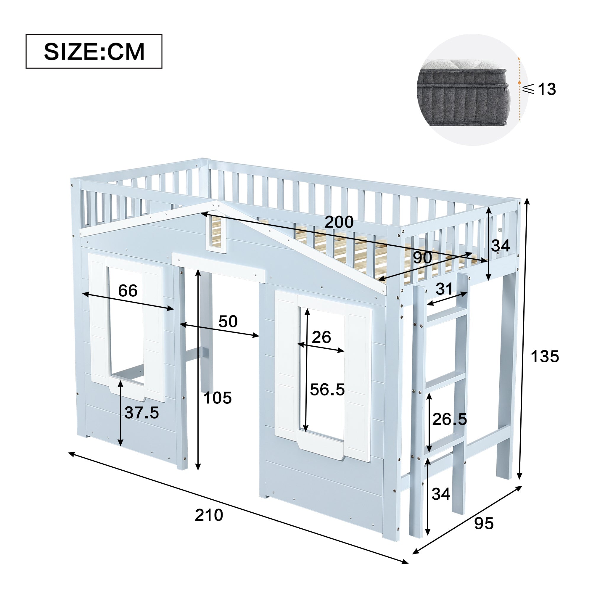 Loft Bed, Flexible Design with Window & Ladder, Pine + MDF + Plywood, Blue