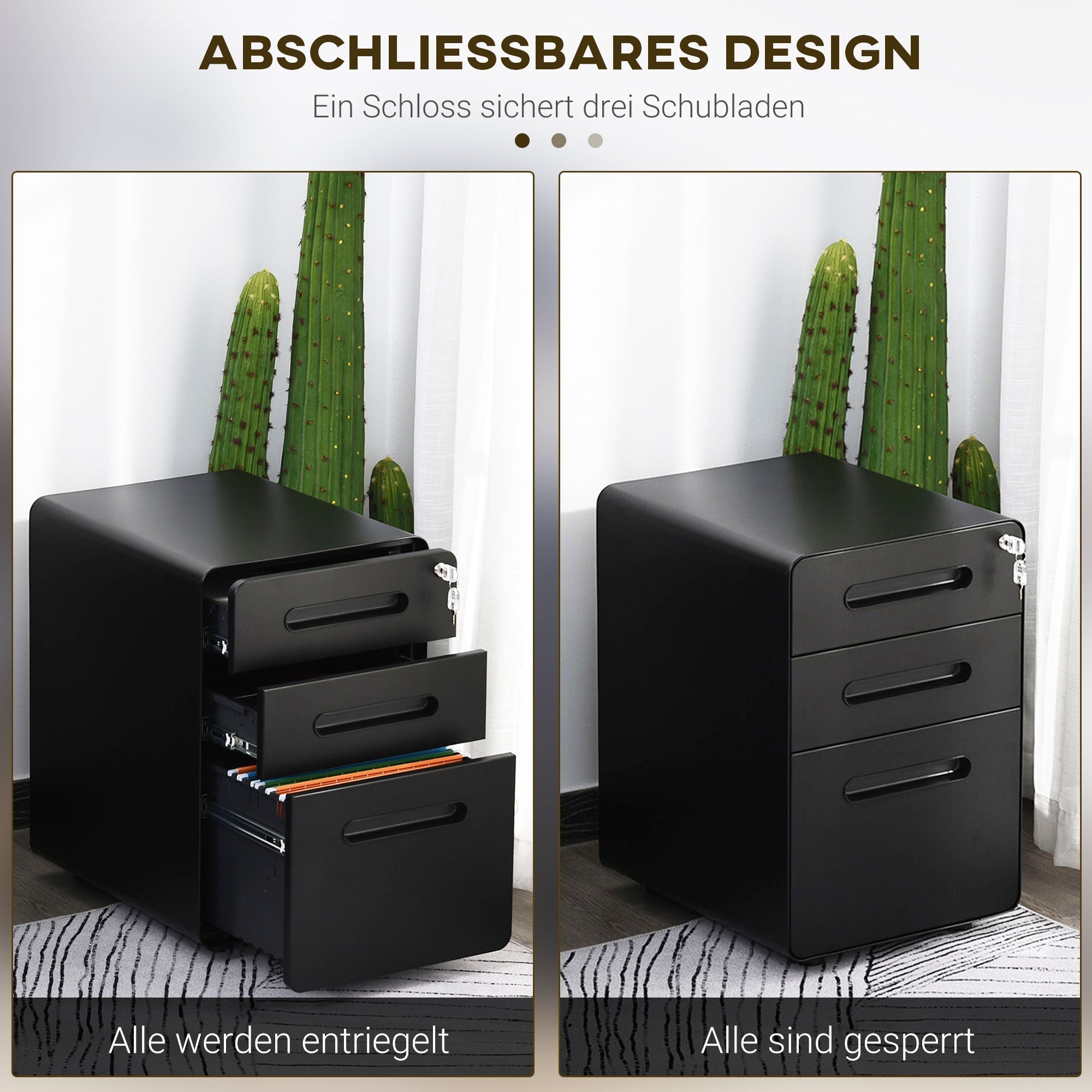 Rolling File Cabinet, 3-Drawer Office Container Steel Black