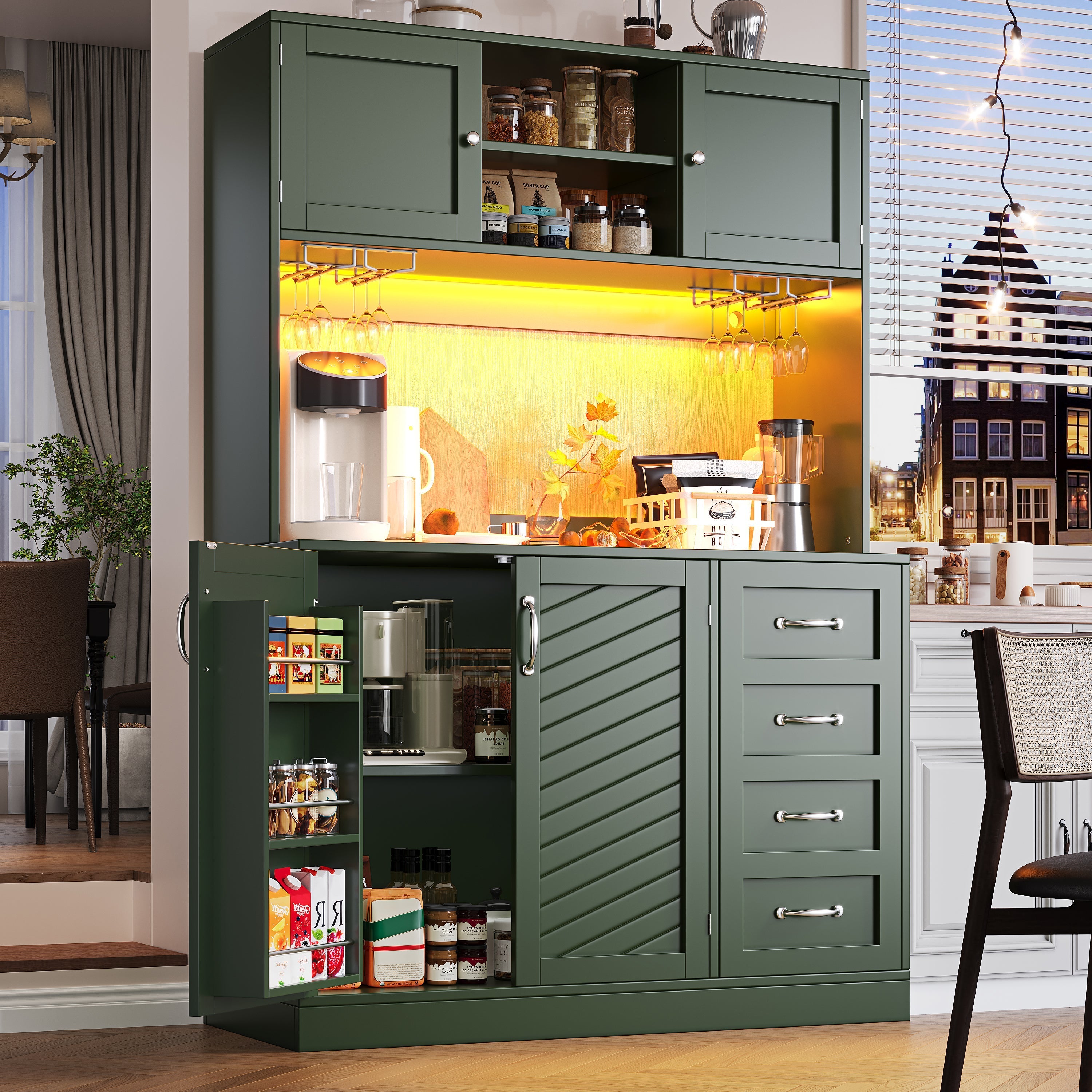 Sideboard with LED Lighting and Drink Holders, Green and White