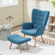 Armchair with Stool, Wingback High Back Tufted Lounge, Blue Corduroy
