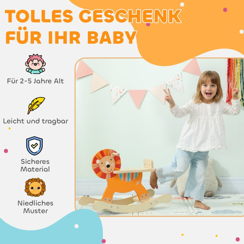 Rocking Horse with Lion Design, 25 kg Weight Capacity and 2-5 Years, Wood Orange