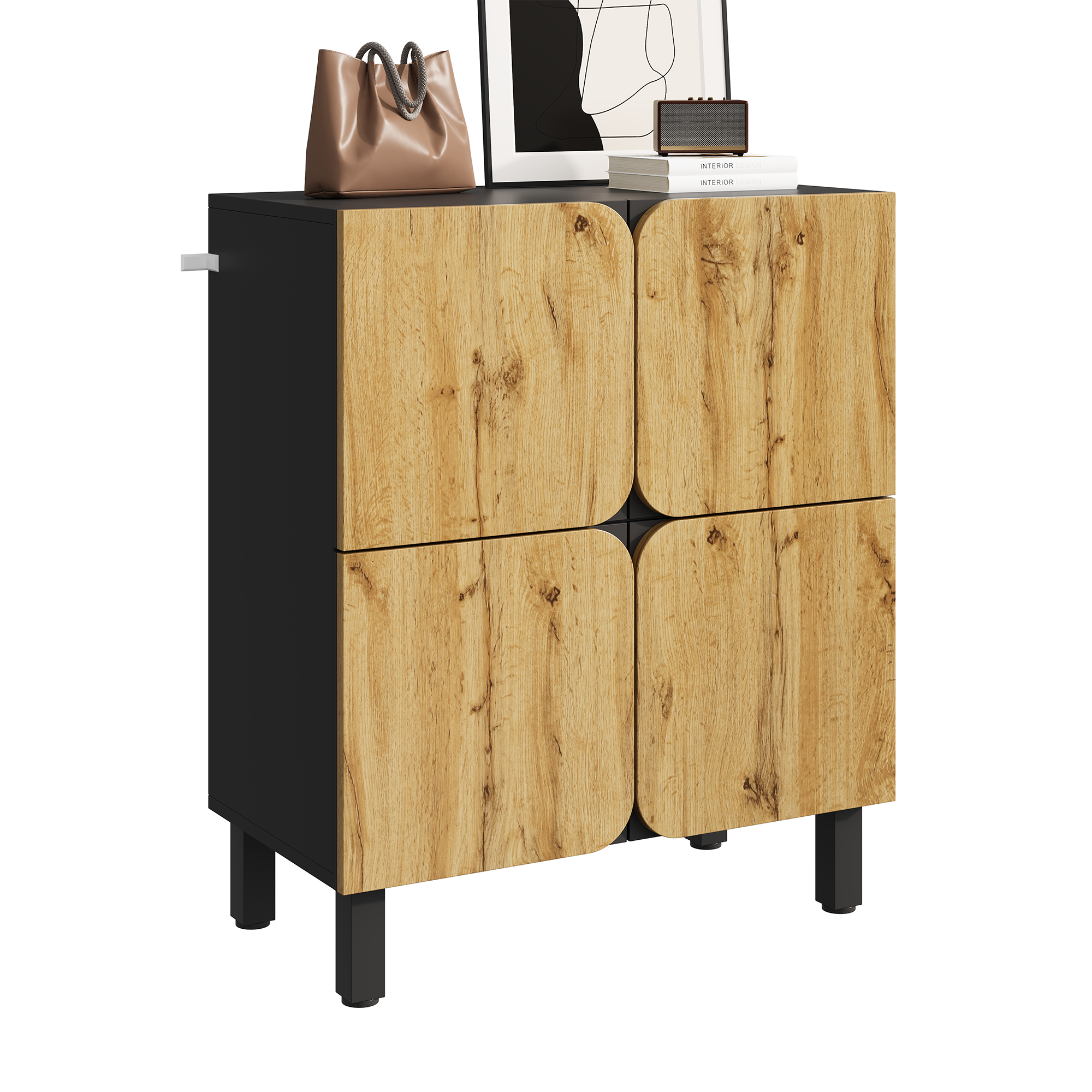 Shoe Cabinet 4 Doors Adjustable Shelves Curved Doors Black