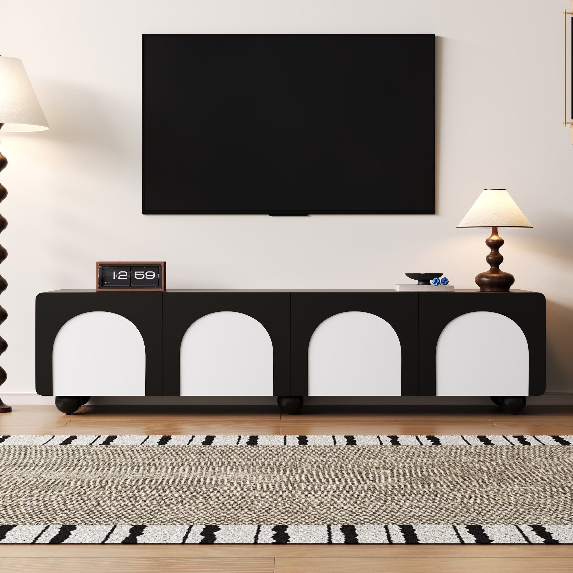 TV Cabinet Low 180cm 2 Drawers 2 Doors Black and White
