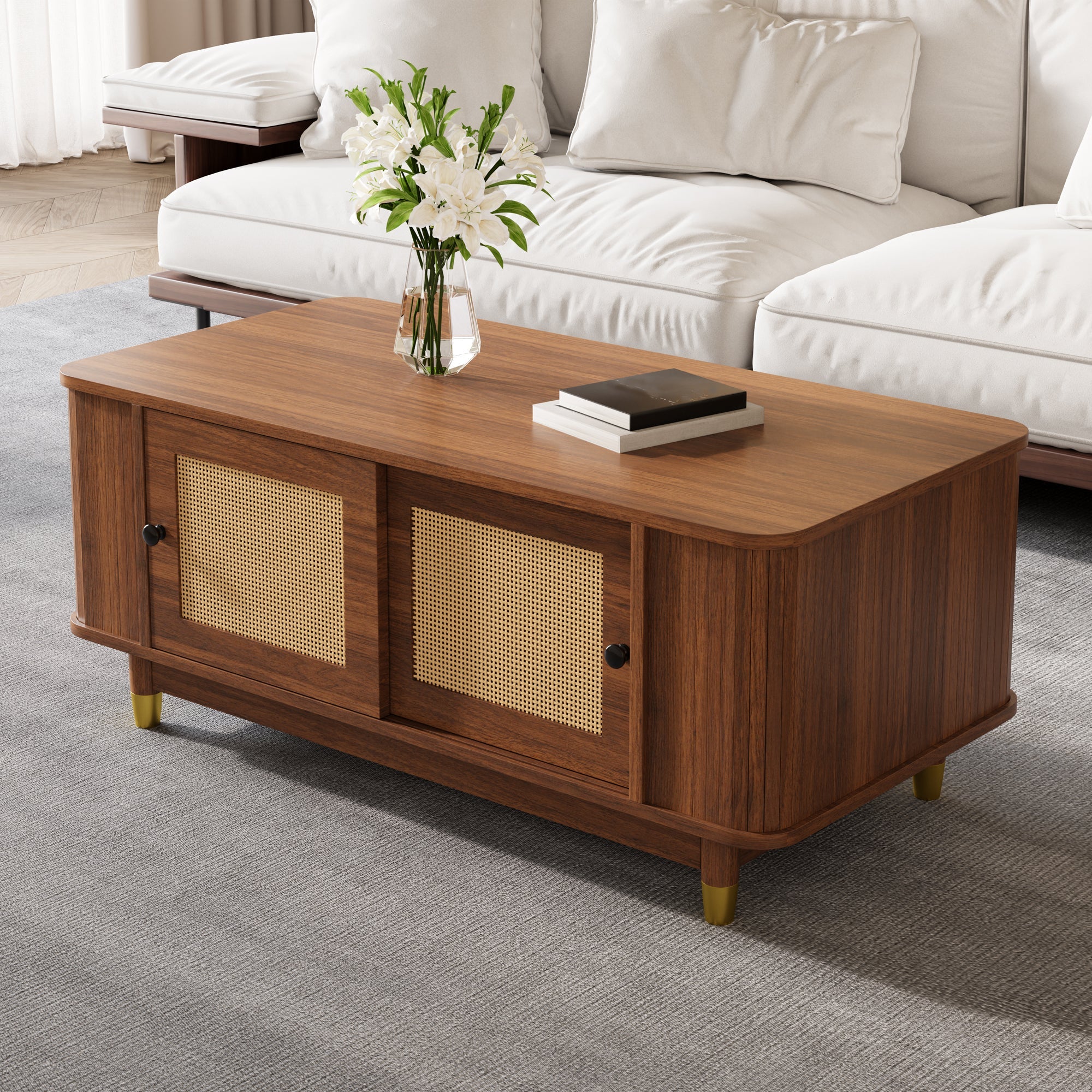 Coffee Table with Rattan Sliding Doors and Rounded Corners, Modern Wood Look MDF