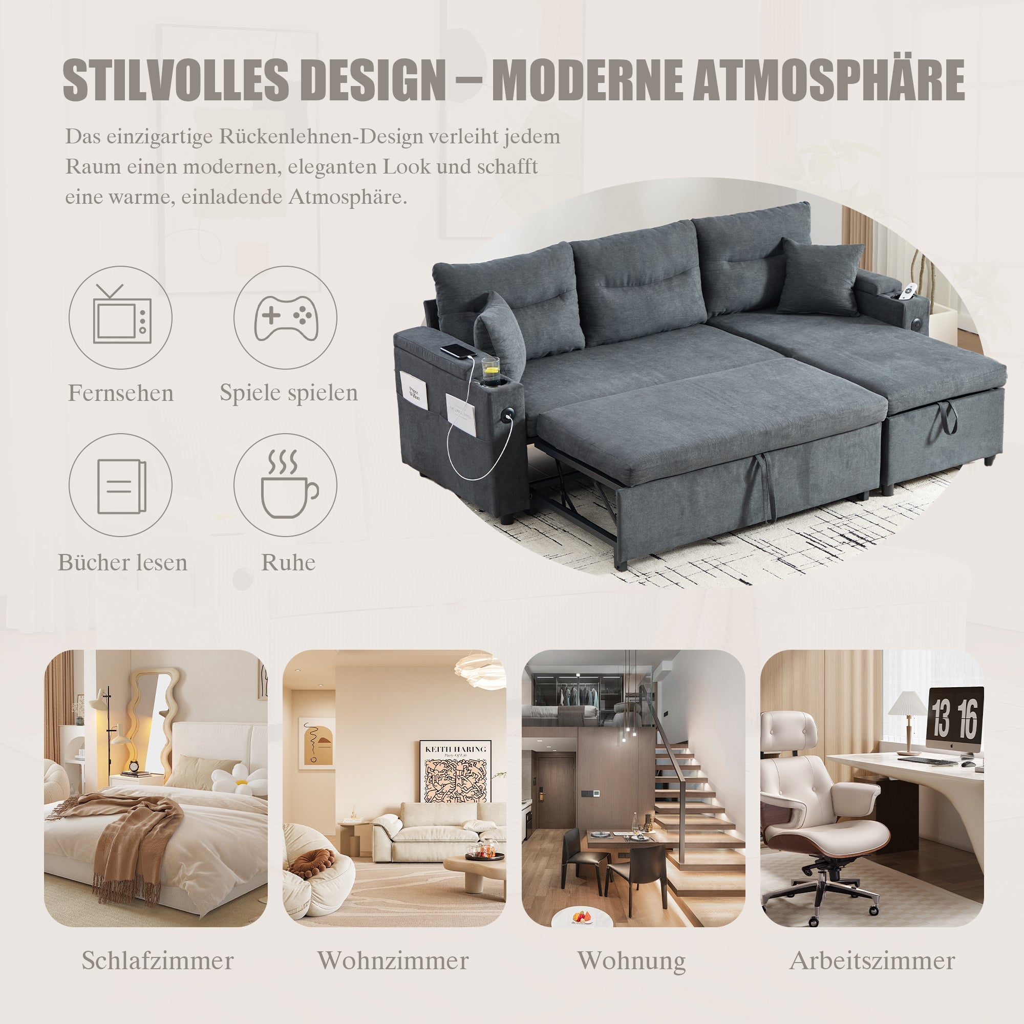 3-Seater Sofa Bed with Storage, Cup Holders and USB-C, Linen Fabric