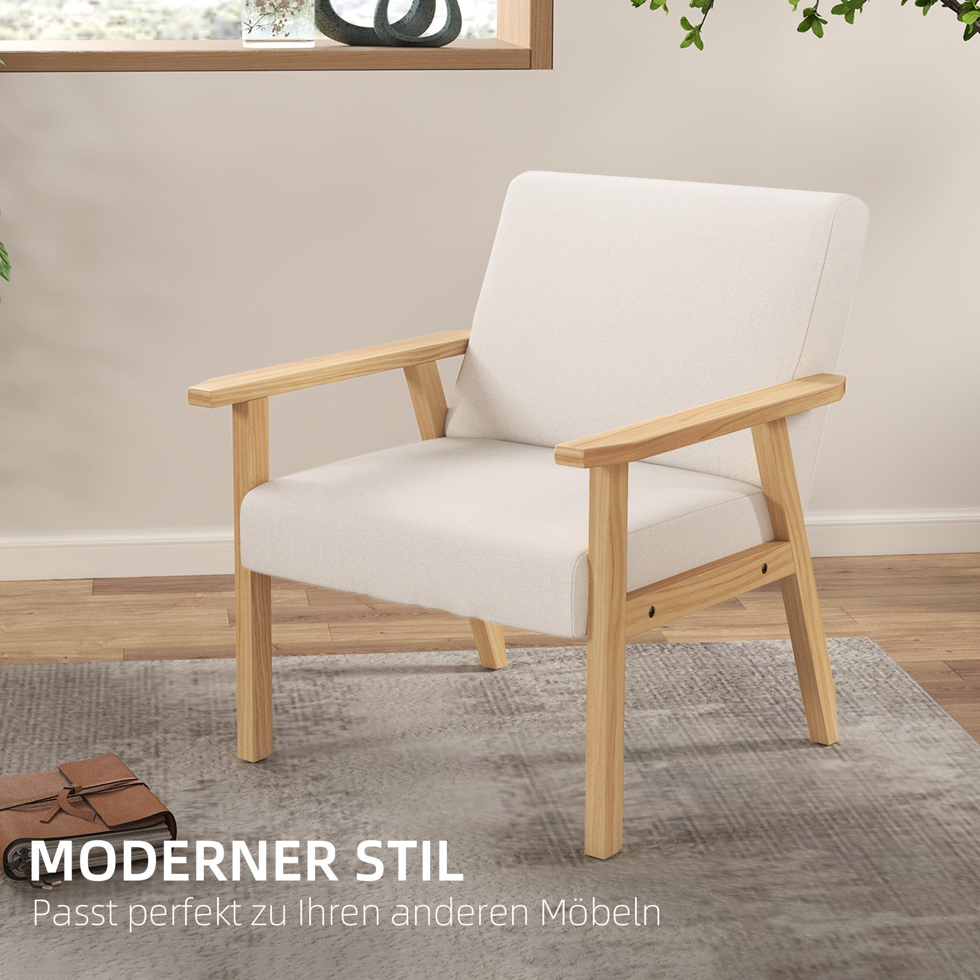 Loungesessel mit Armlehnen, Esszimmer, entspannend, gepolstert, Cremeweiß