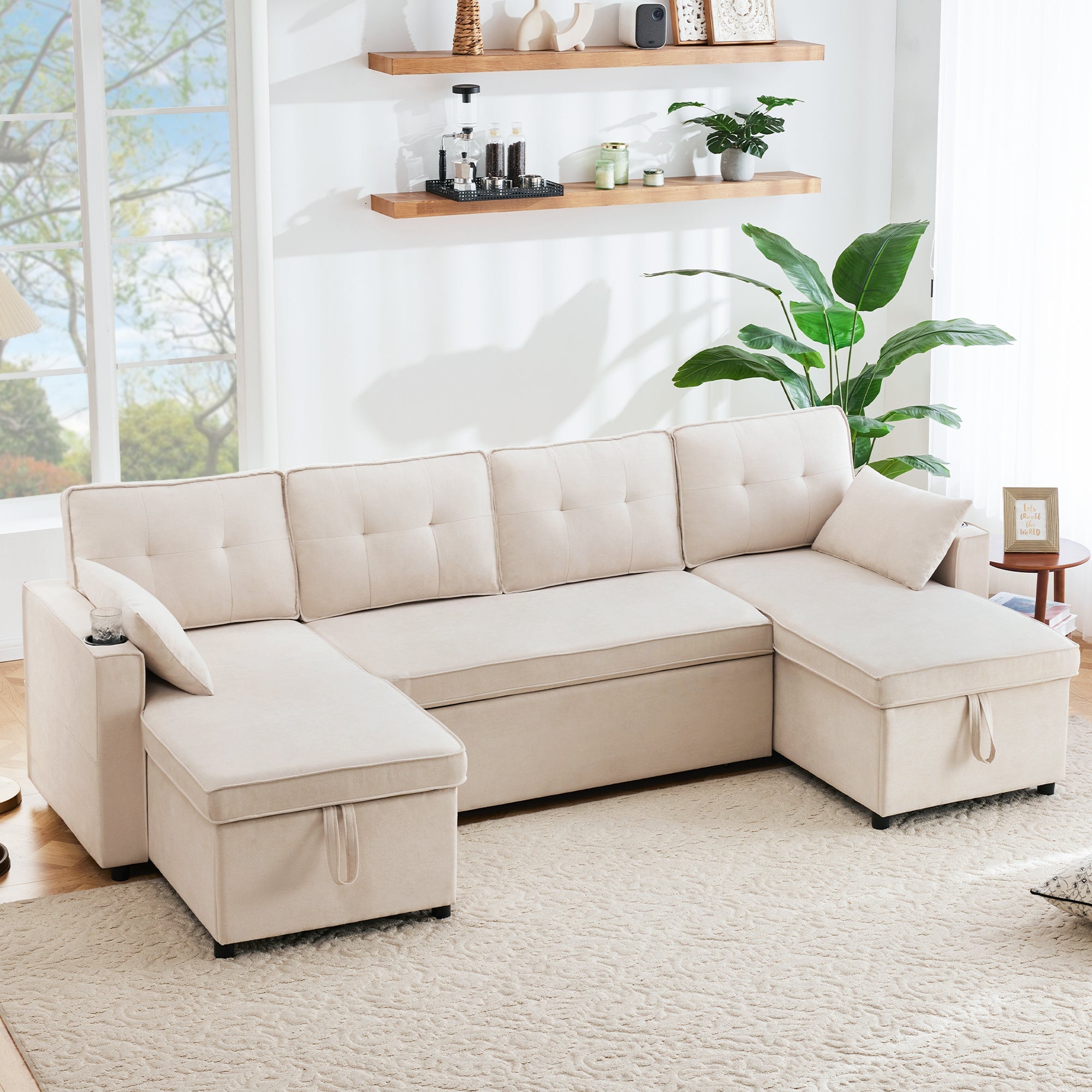 Sofa Bed, U-shaped Sleeper with Cupholder & Storage, Cotton Linen Fabric