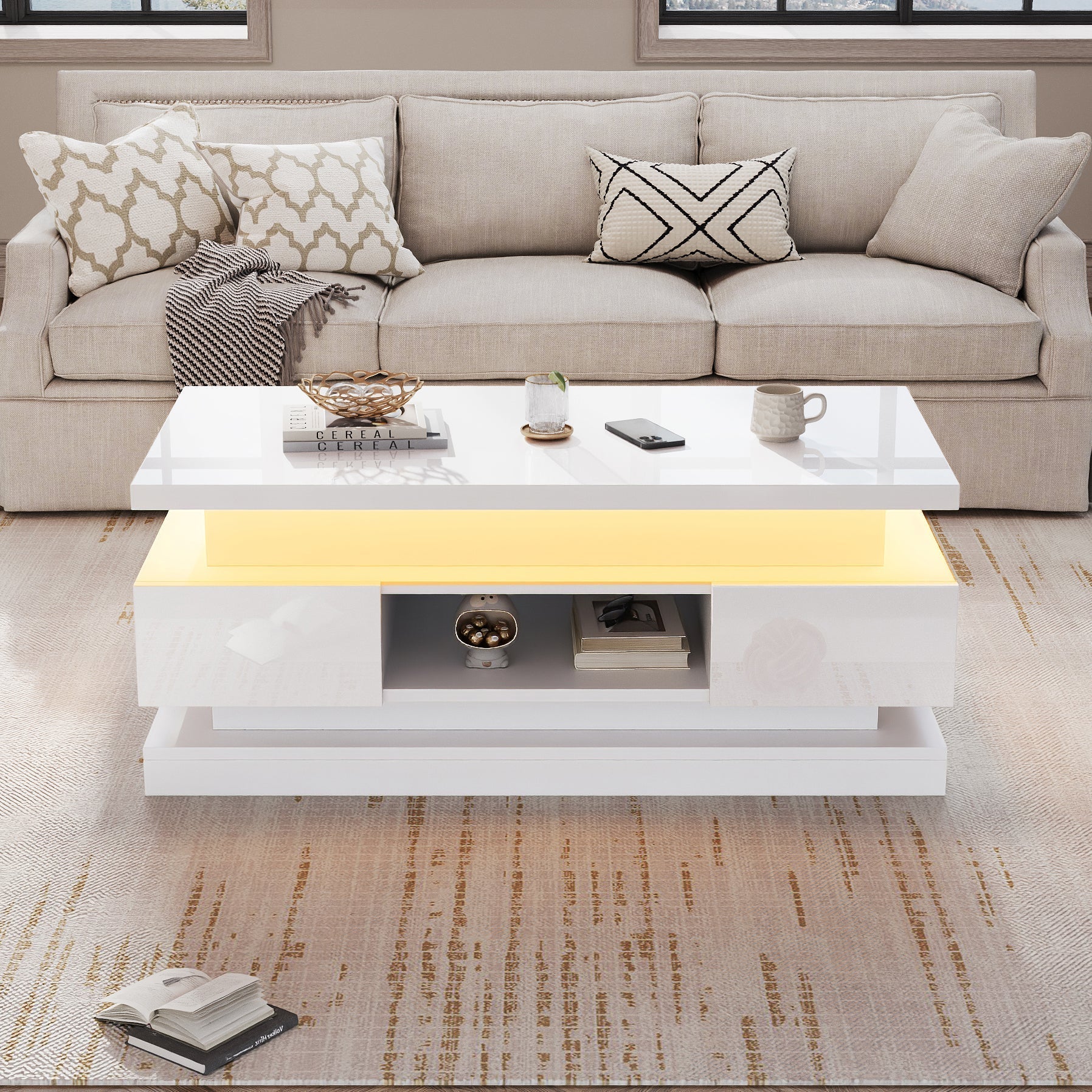 Liftable Coffee Table with 2 Drawers and LED Lighting, White Chipboard