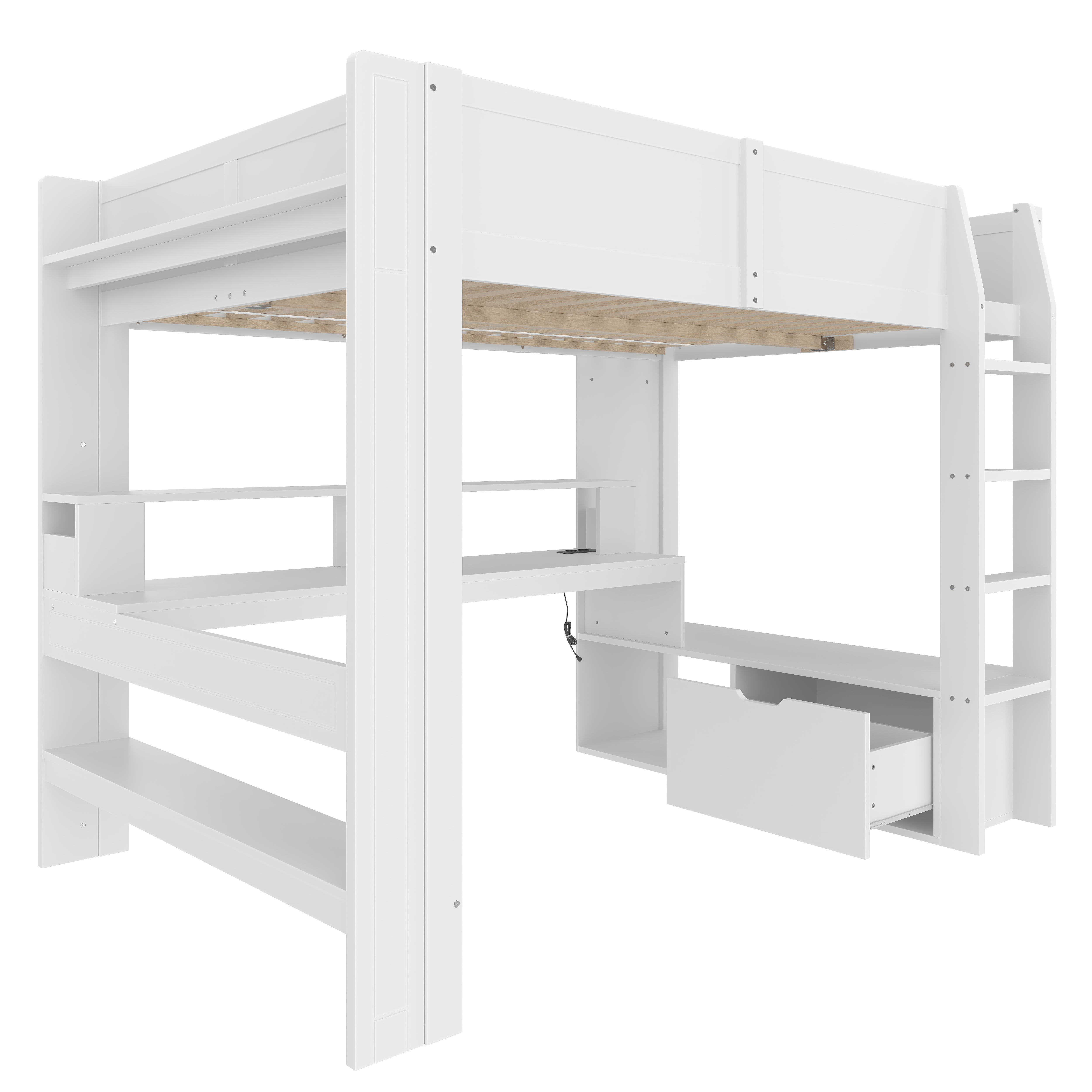 Loft Bed 140x200cm Gaming Desk LED Drawer Shelves - White