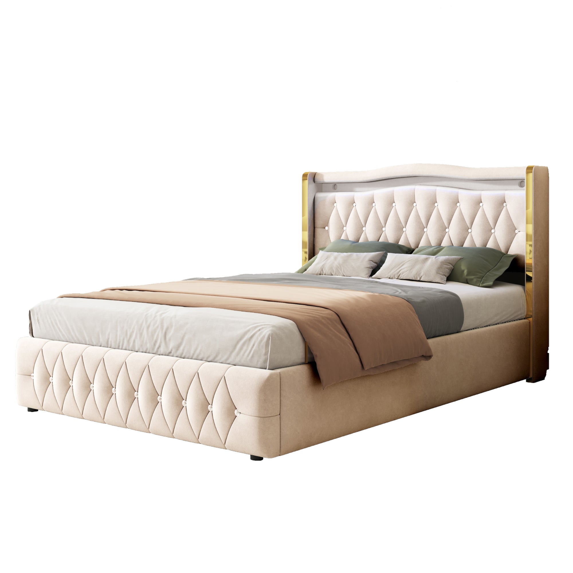 Upholstered Bed, 140x200cm, LED, Hydraulic Storage, Velvet Fabric, Beige