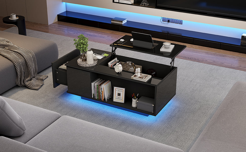 Coffee Table, Height-Adjustable with Hidden Storage & LED Light, Black