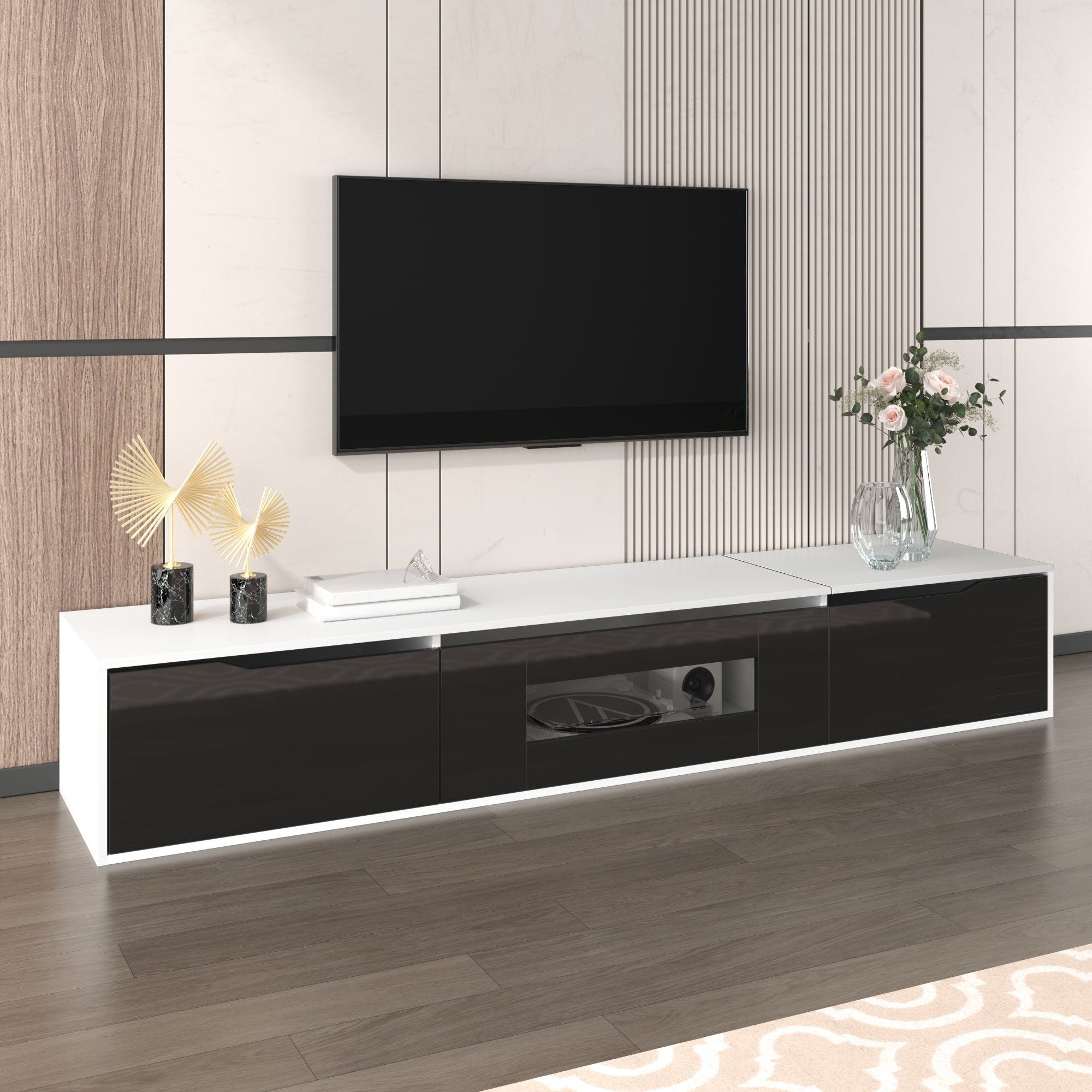 TV Cabinet, high-gloss with LED lighting, black and white