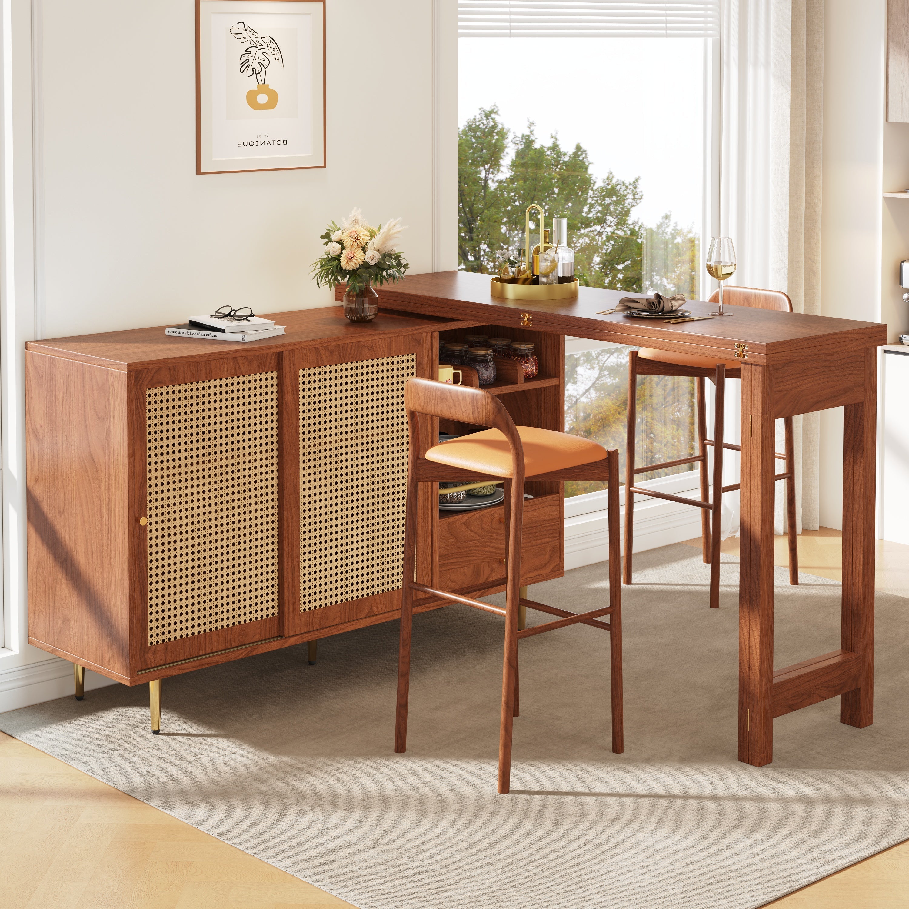 360° Rotating Bar Table Extendable Storage Rattan Door Brown